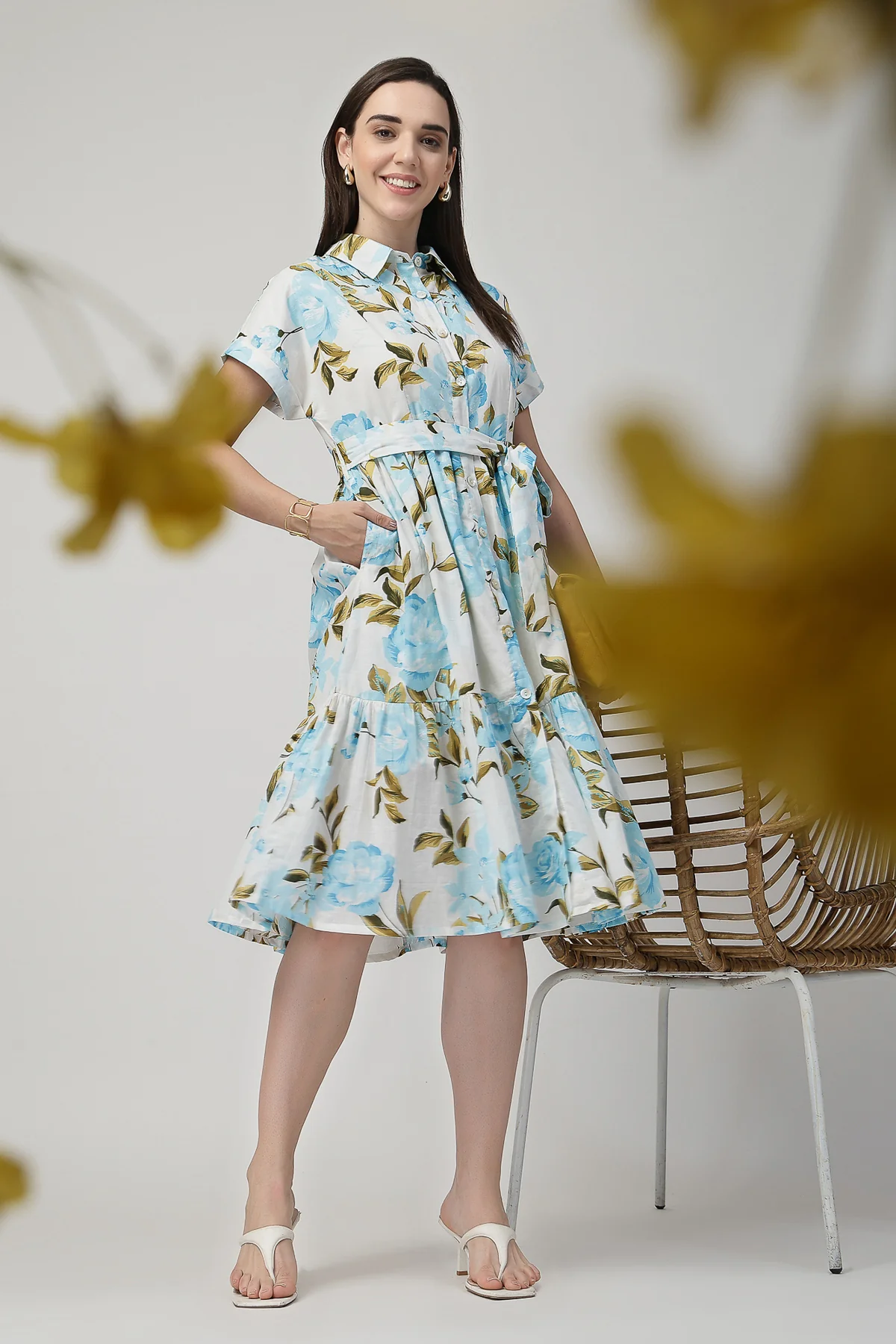 Printed Tiered Cotton Poplin Zipless Feeding Shirt Dress - Sky Blue - Image 8