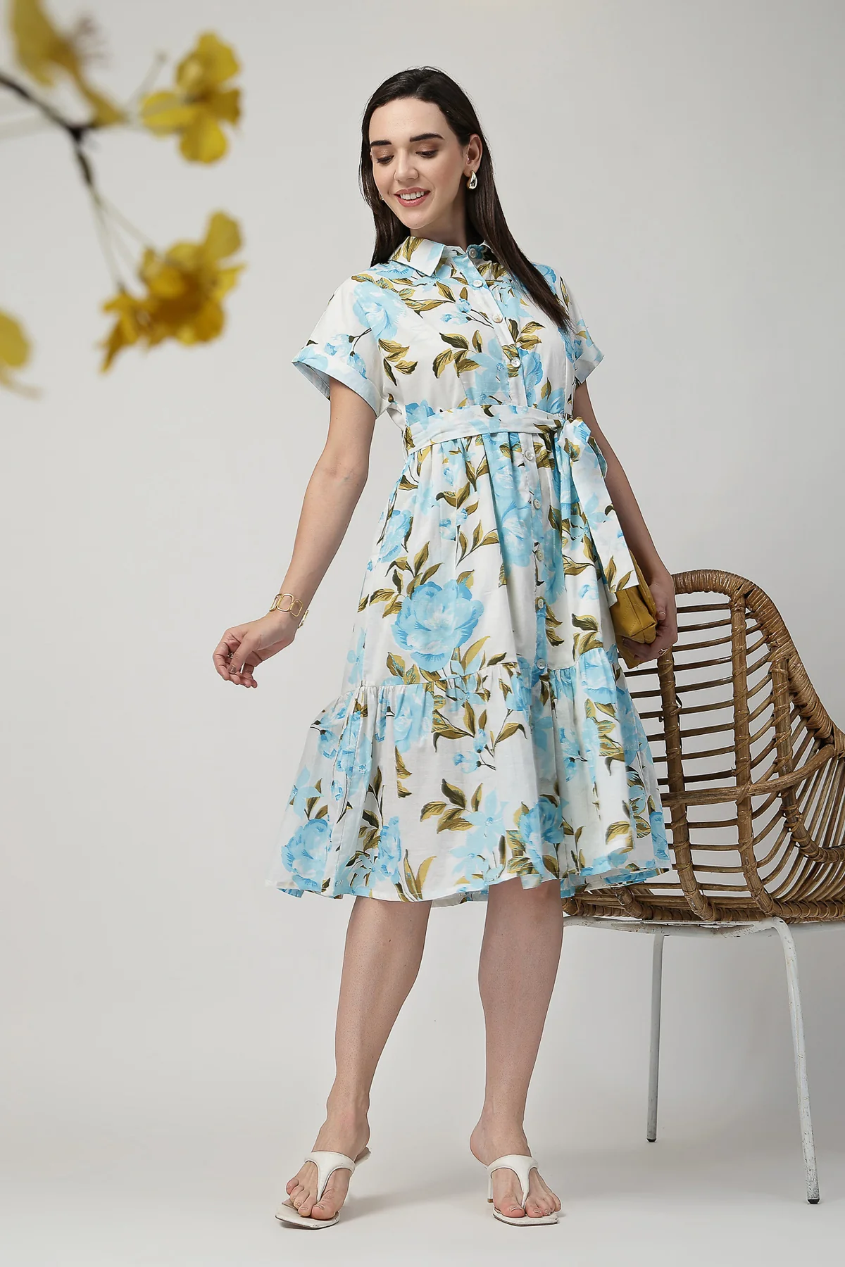 Printed Tiered Cotton Poplin Zipless Feeding Shirt Dress - Sky Blue - Image 9