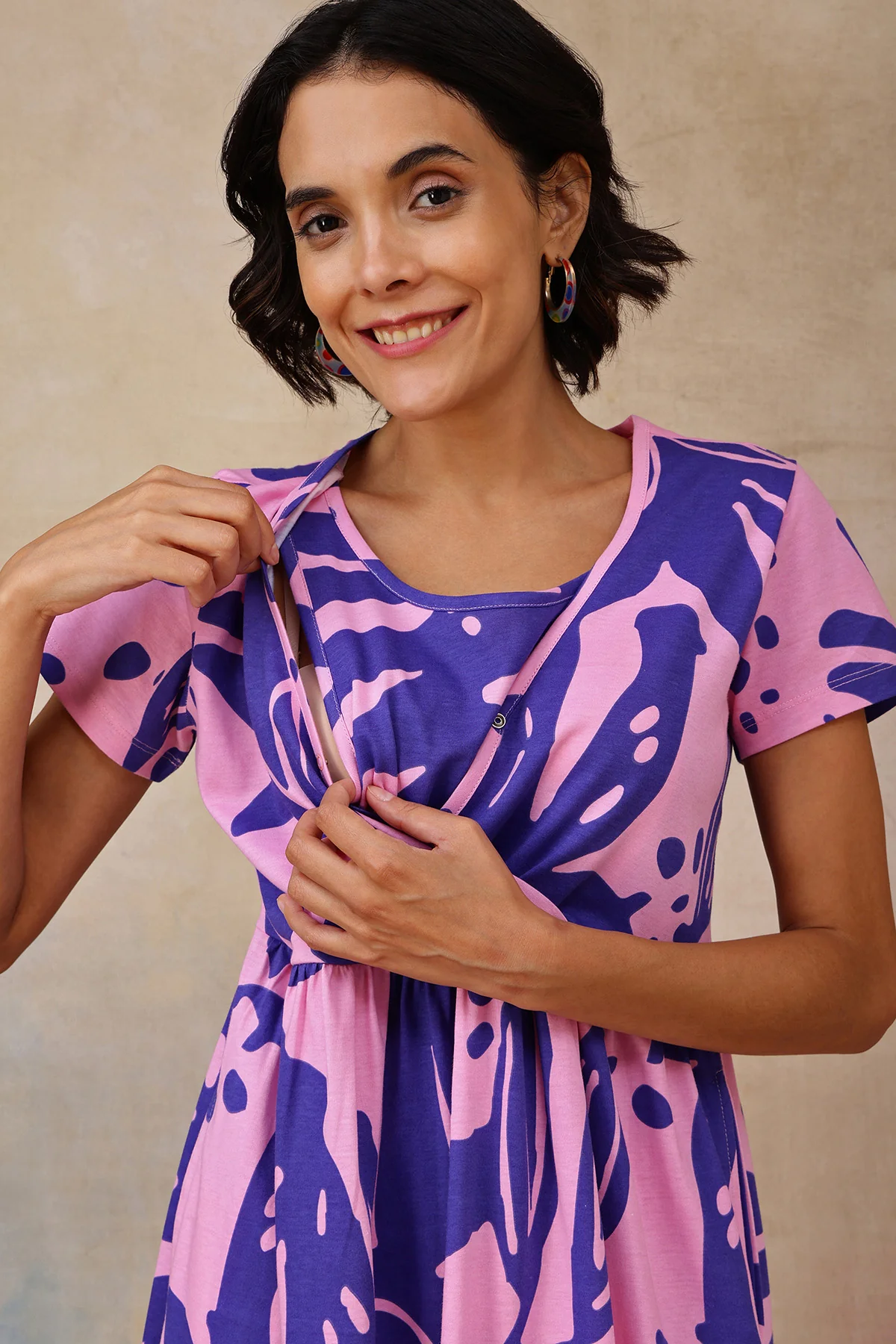 Purple Printed Maternity Zipless Feeding Dress - Image 2