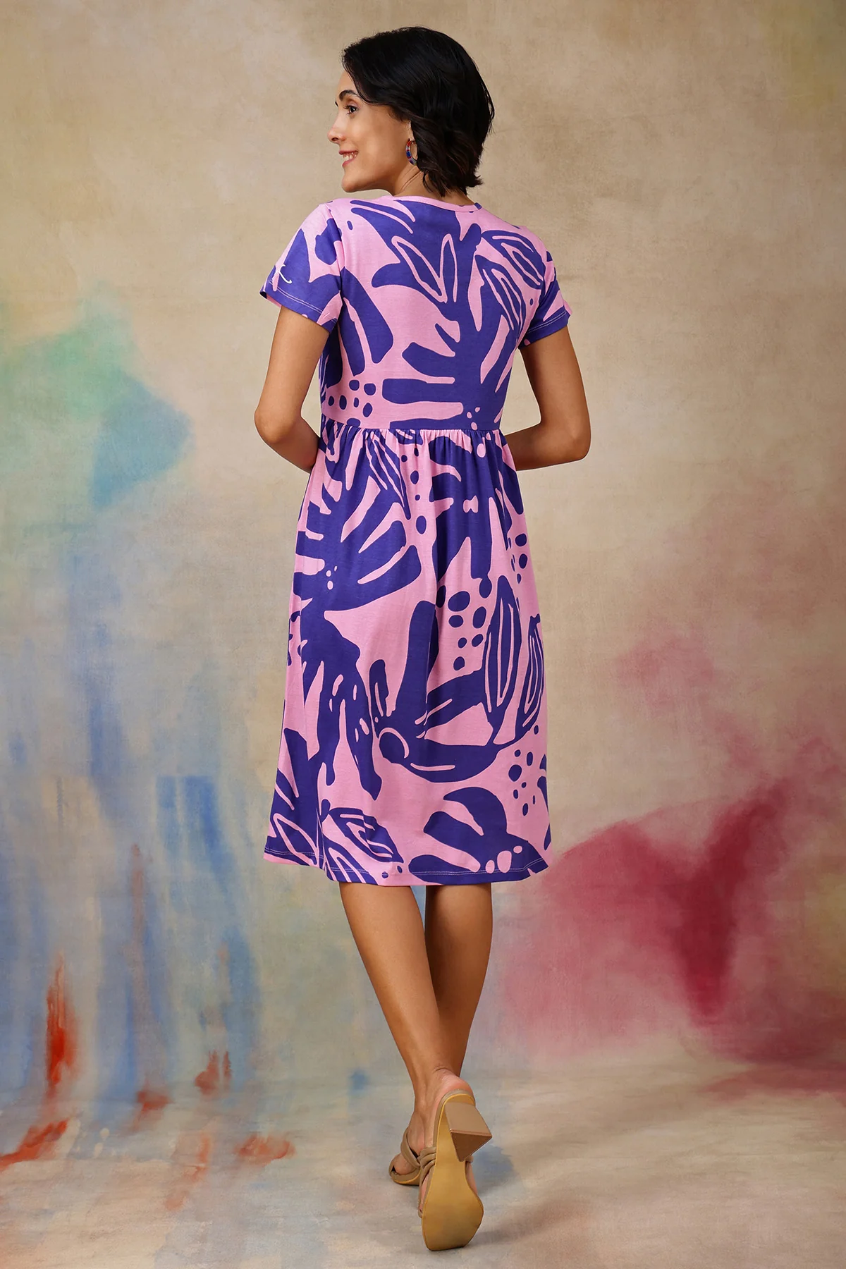 Purple Printed Maternity Zipless Feeding Dress - Image 3