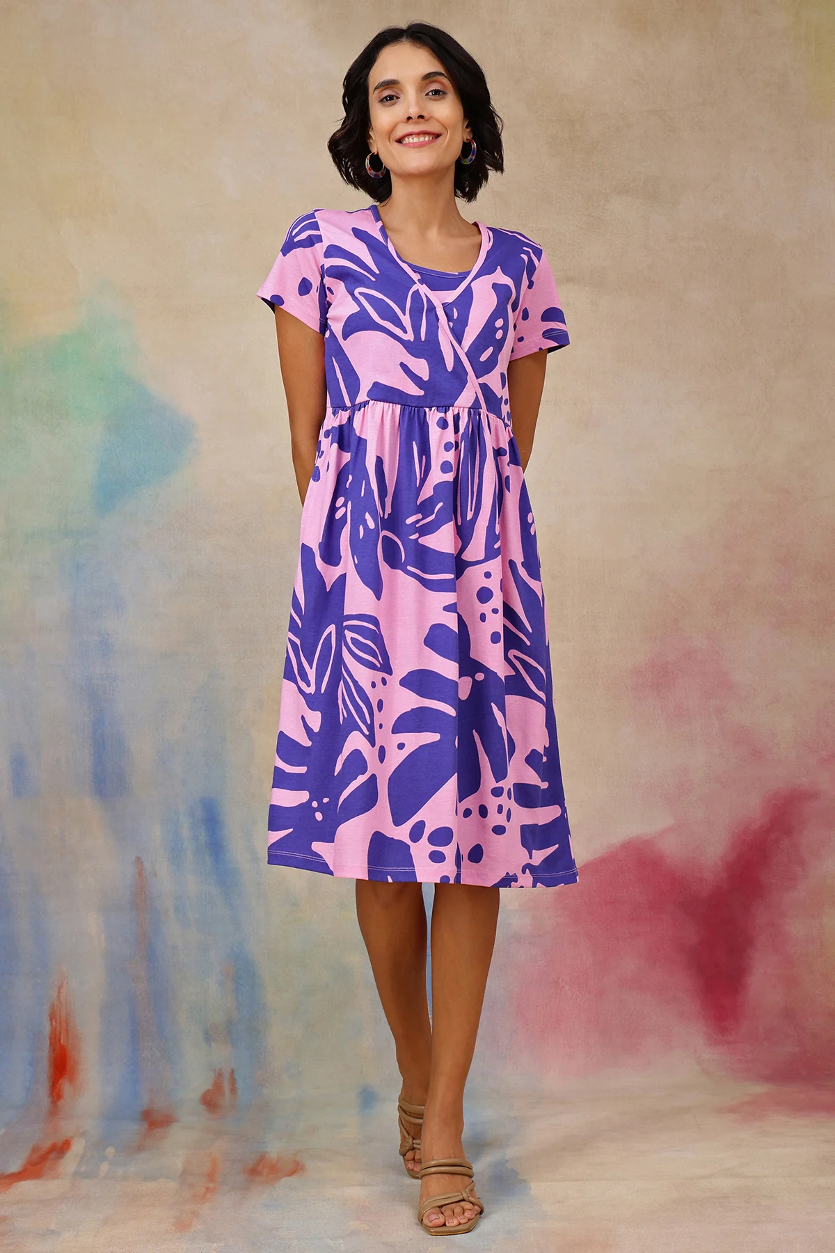 Purple Printed Maternity Zipless Feeding Dress - Image 6