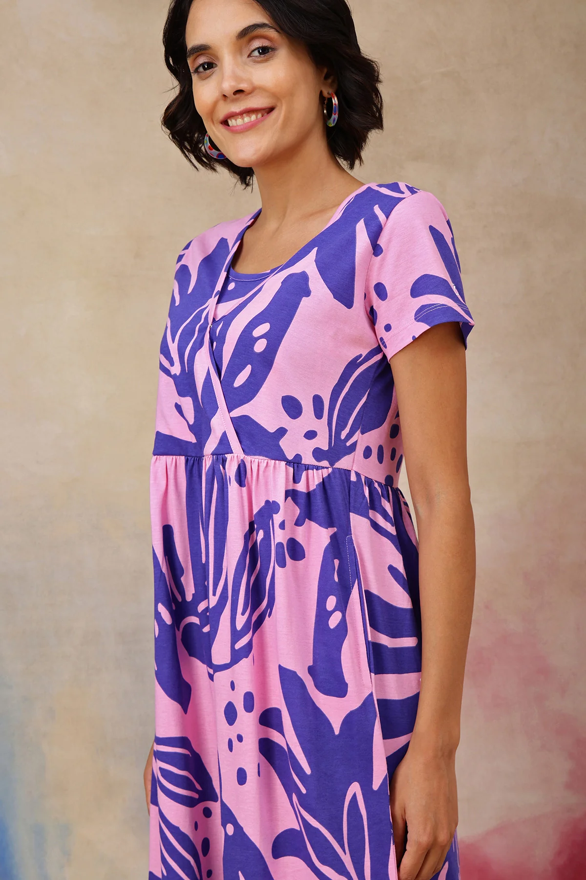 Purple Printed Maternity Zipless Feeding Dress - Image 9