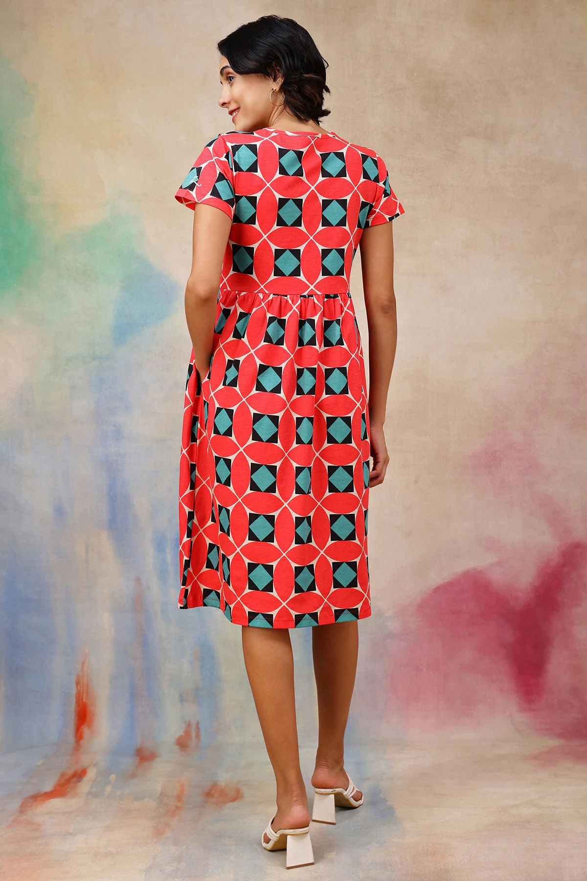 Red Printed Maternity Zipless Feeding Dress - Image 3
