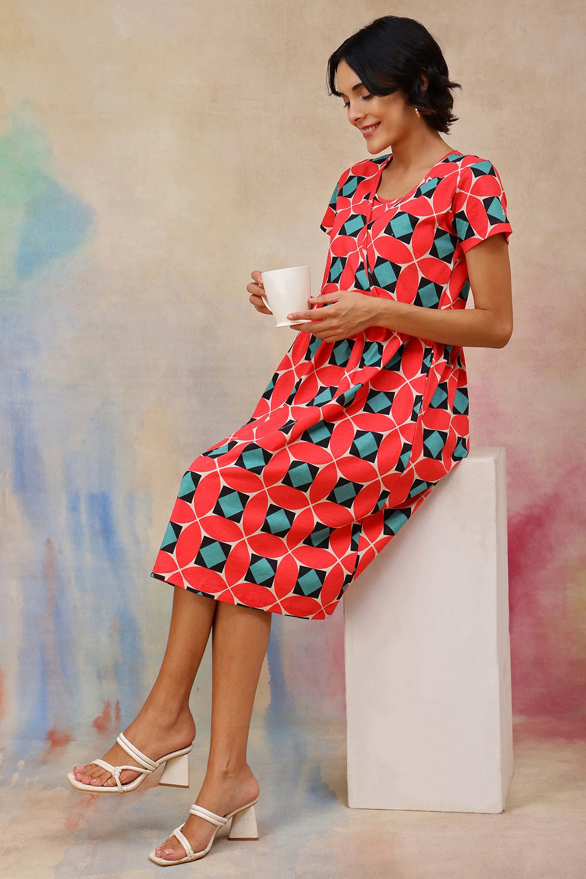 Red Printed Maternity Zipless Feeding Dress - Image 4