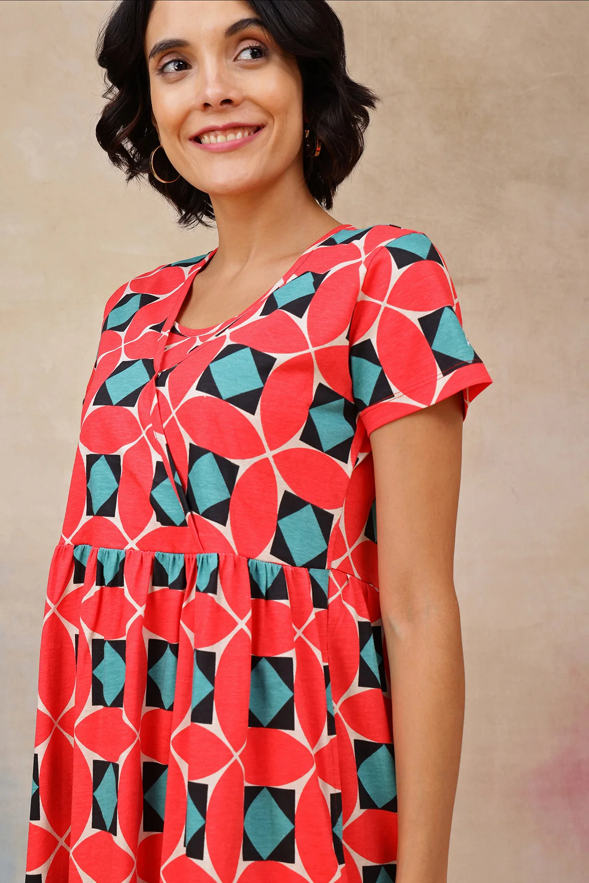 Red Printed Maternity Zipless Feeding Dress - Image 5
