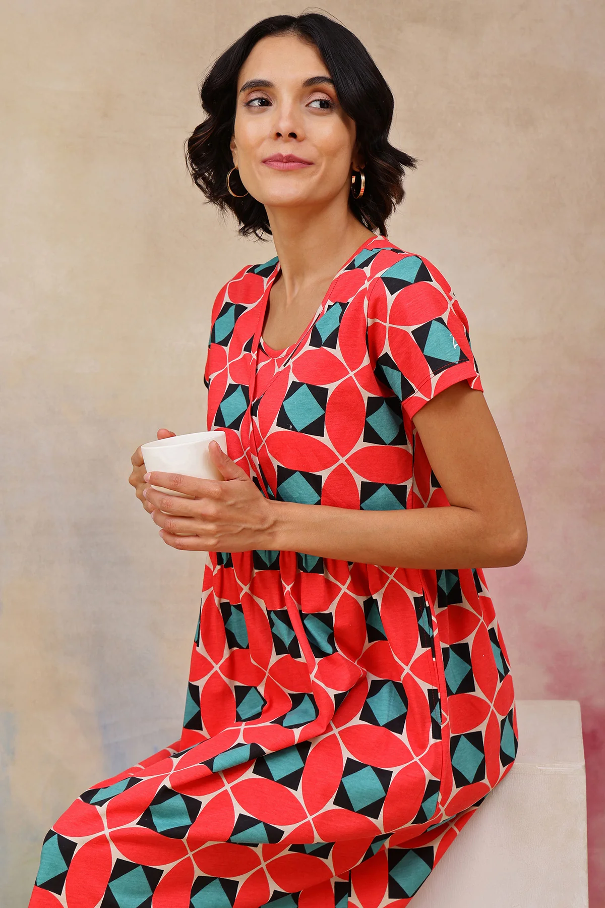 Red Printed Maternity Zipless Feeding Dress - Image 7