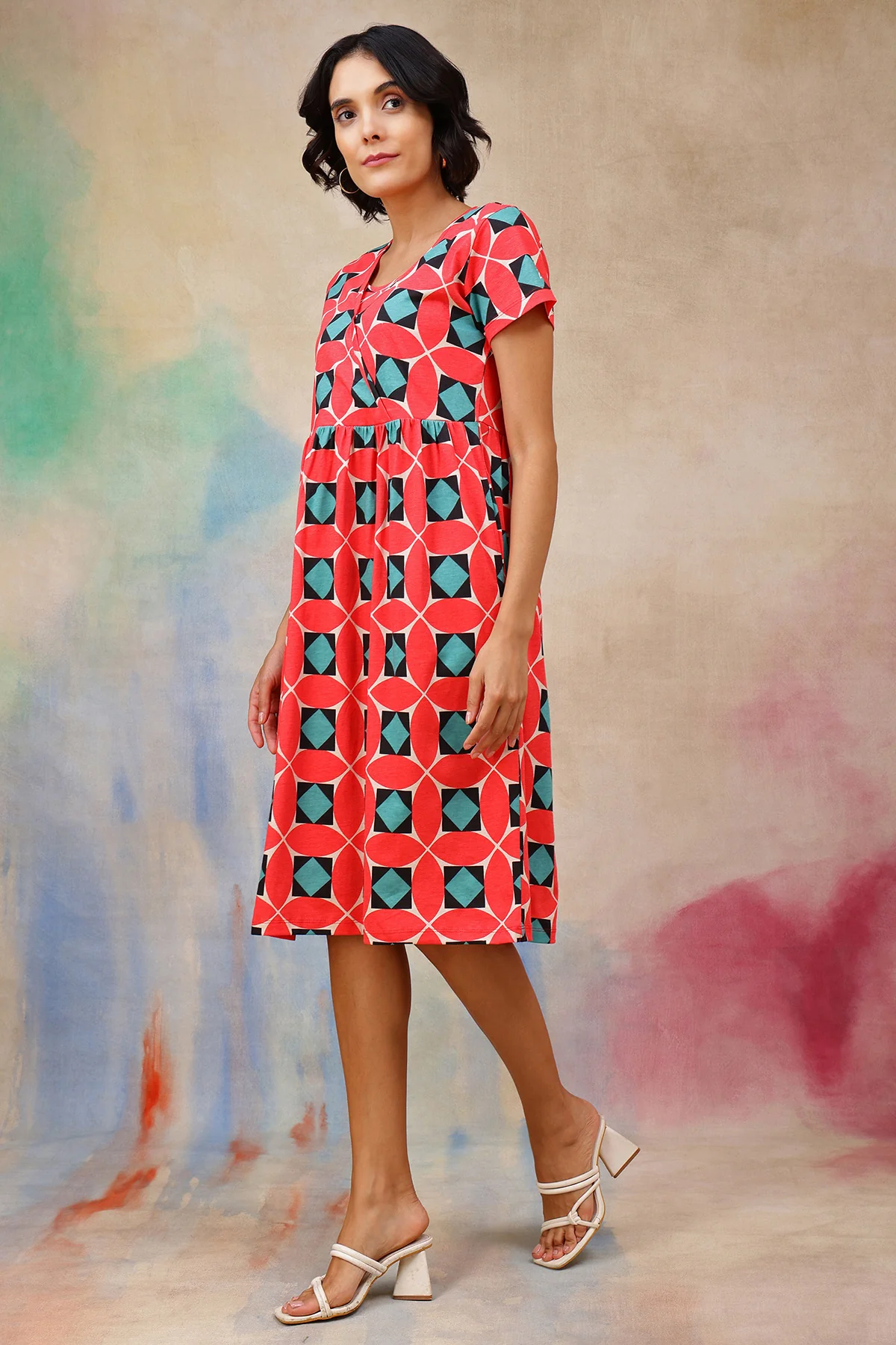 Red Printed Maternity Zipless Feeding Dress - Image 8