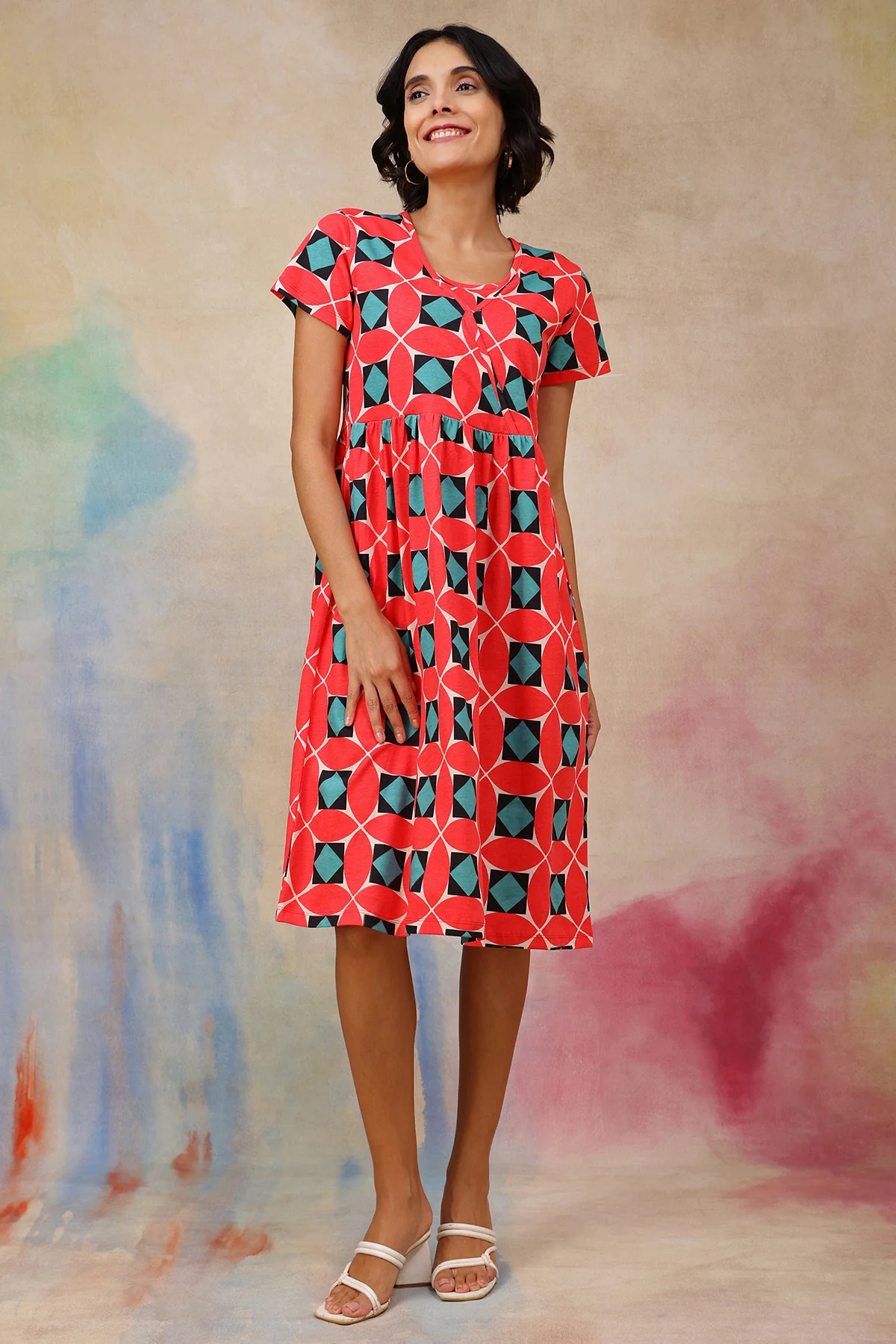 Red Printed Maternity Zipless Feeding Dress - Image 9
