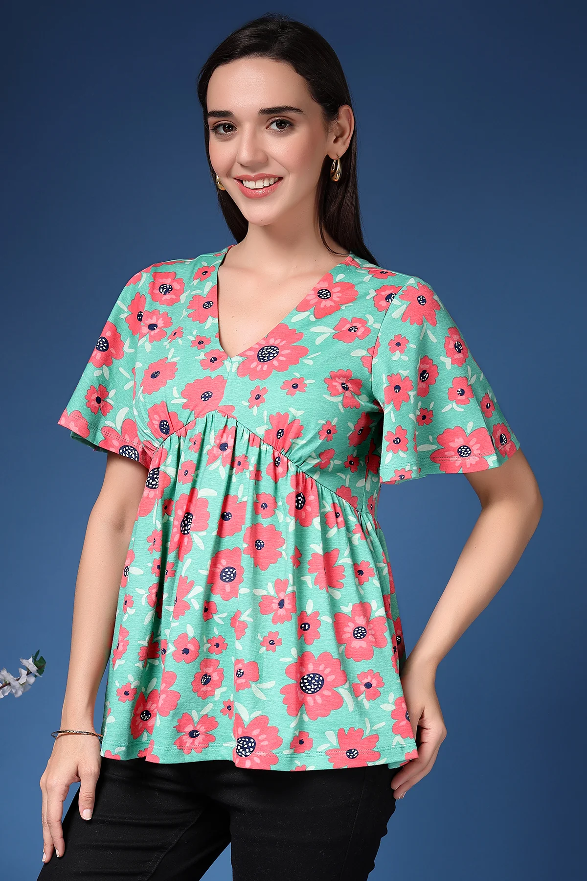 Rhea Poppy Floral Flutter Sleeve Concealed Zip Feeding Printed Top - Image 7