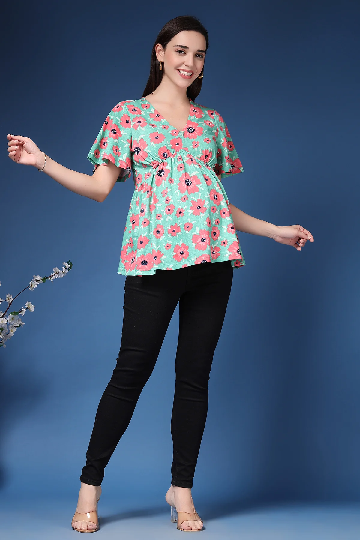 Rhea Poppy Floral Flutter Sleeve Concealed Zip Feeding Printed Top - Image 8