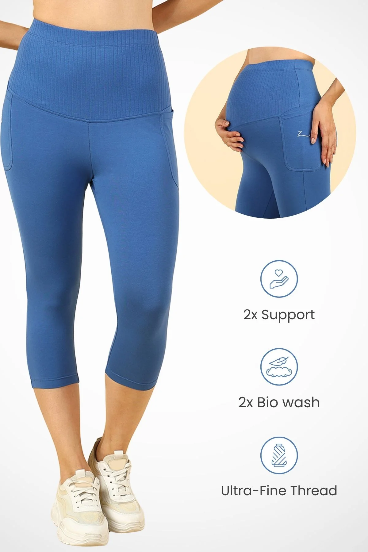 Ribbed Cotton Blue Maternity Capri (Pregnancy & Postpartum) - Image 3