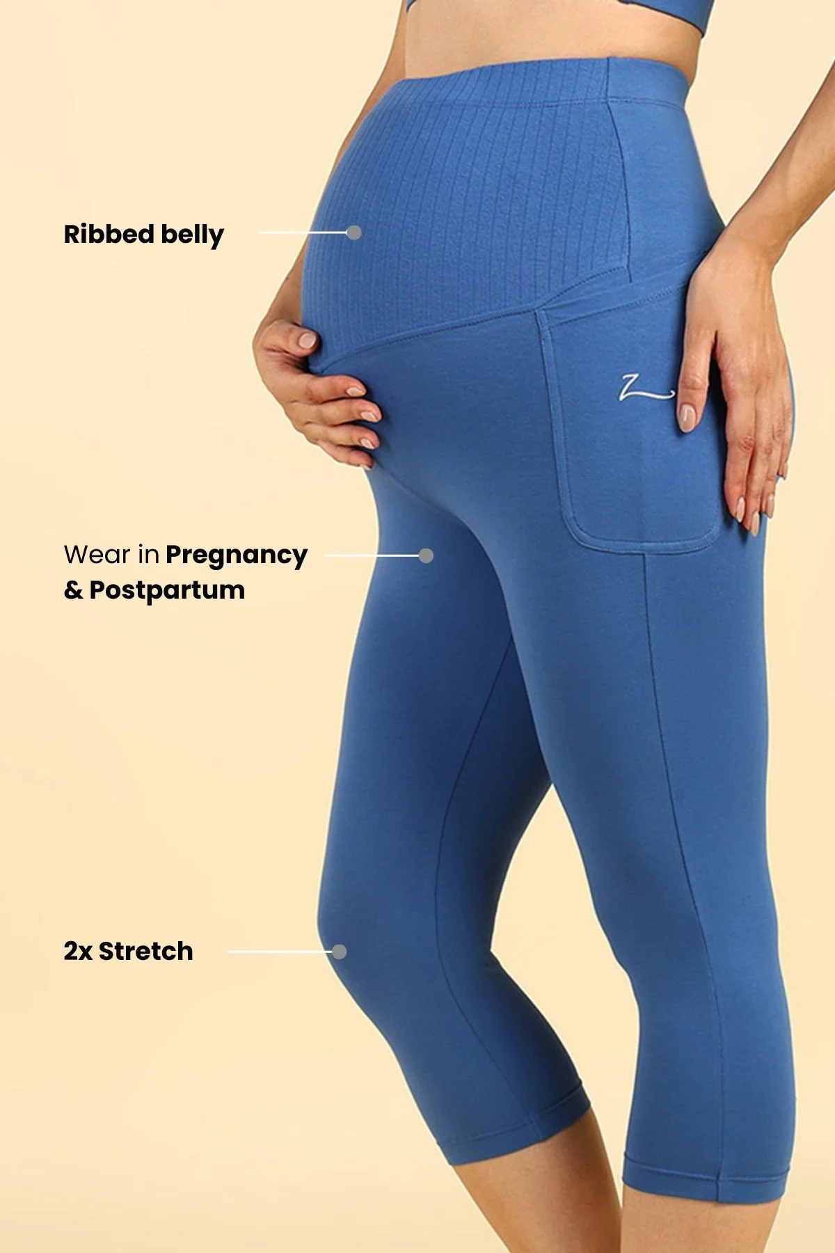 Ribbed Cotton Blue Maternity Capri (Pregnancy & Postpartum) - Image 5