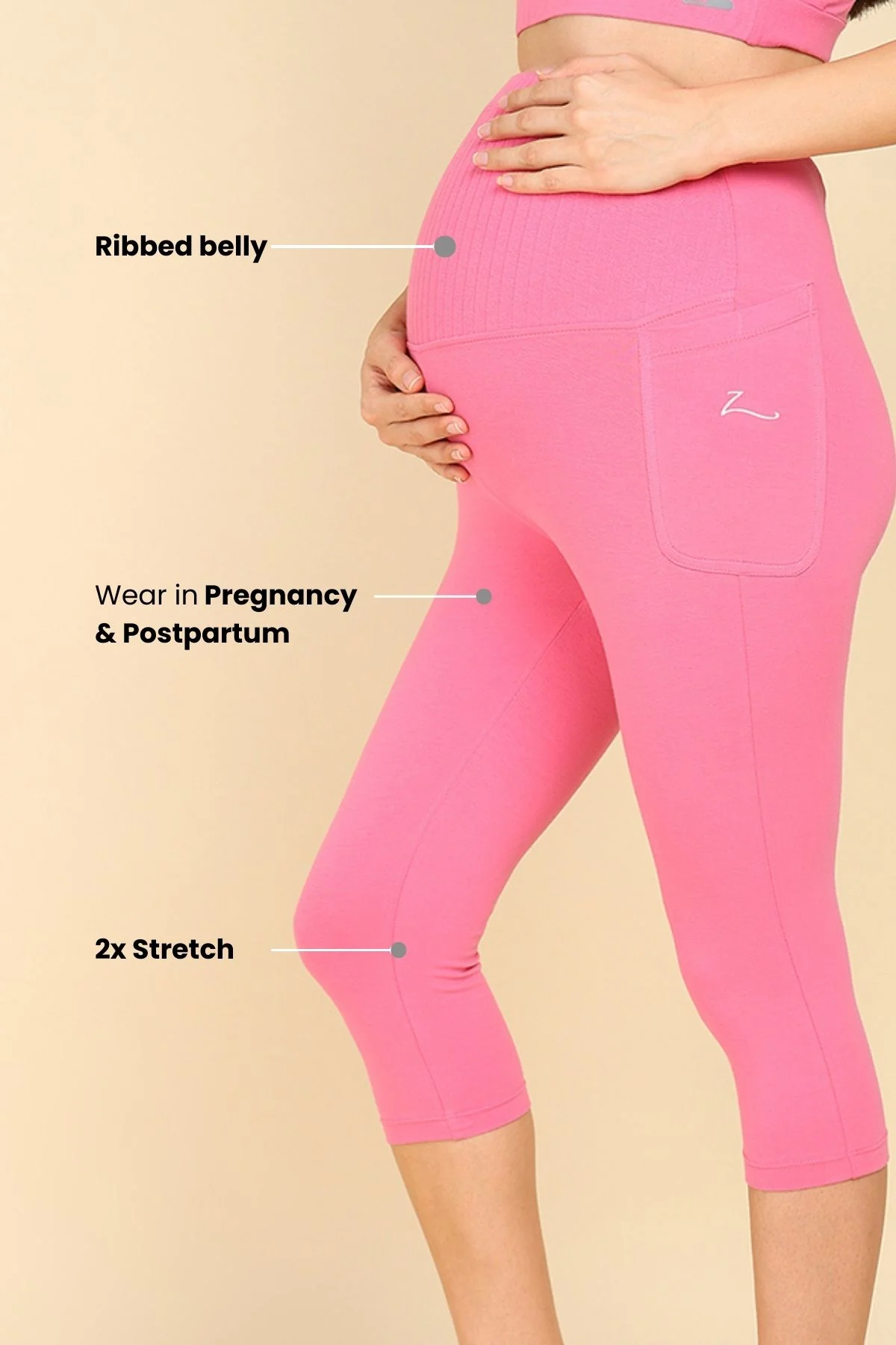 Ribbed Cotton Pink Maternity Capri (Pregnancy & Postpartum) - Image 5