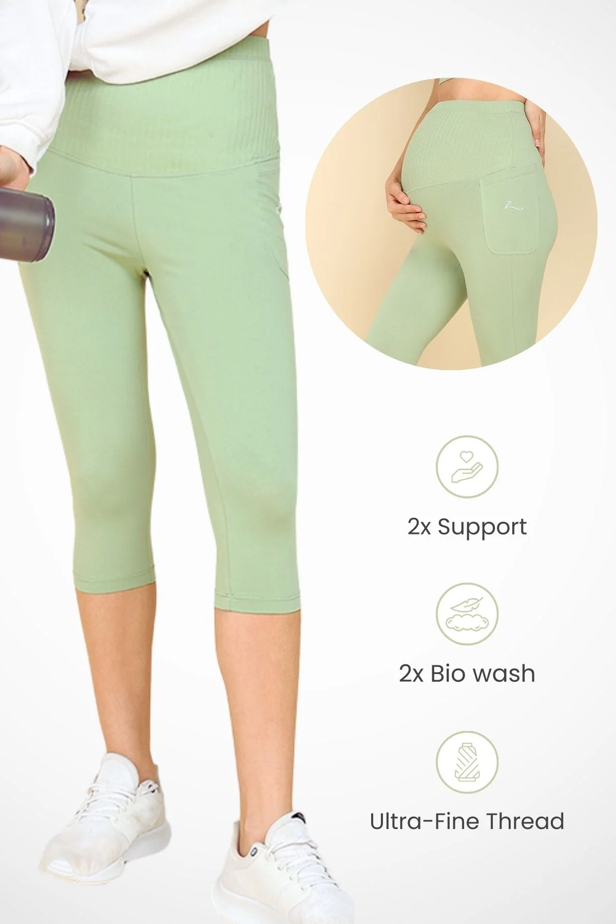 Ribbed Cotton Matcha Green Maternity Capri (Pregnancy & Postpartum) - Image 13