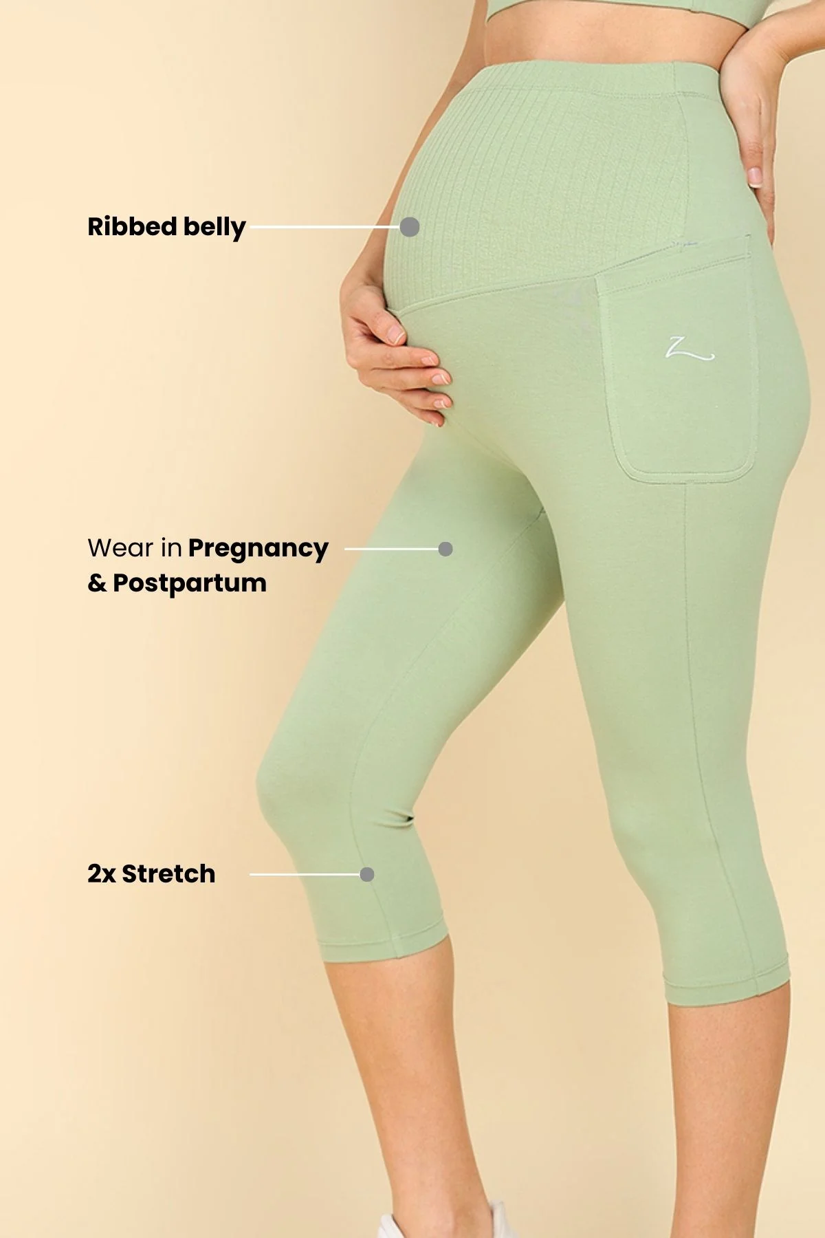 Ribbed Cotton Matcha Green Maternity Capri (Pregnancy & Postpartum) - Image 5