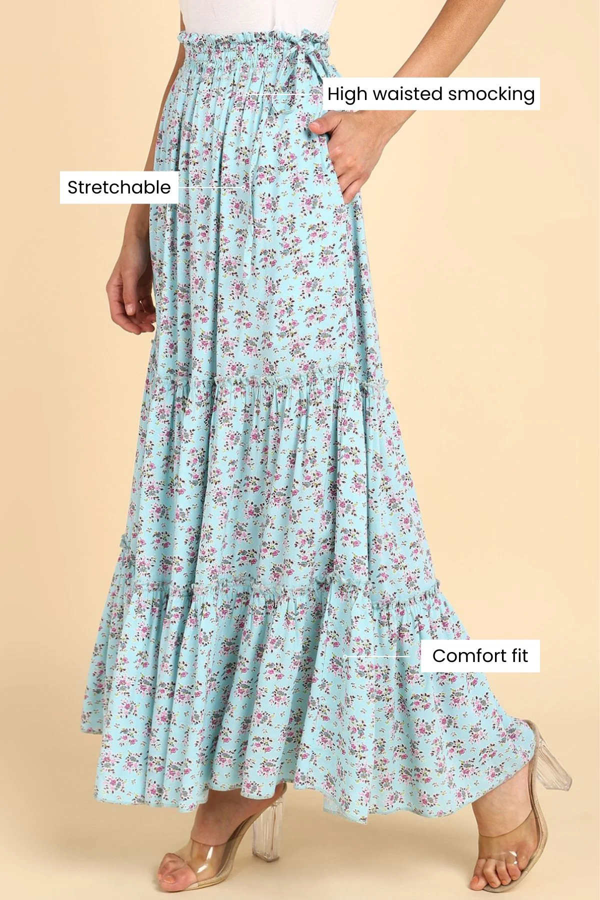 Romantic Print Tiered Pregnancy & Maternity Skirt with Smocked Waistband & Pockets - Image 3