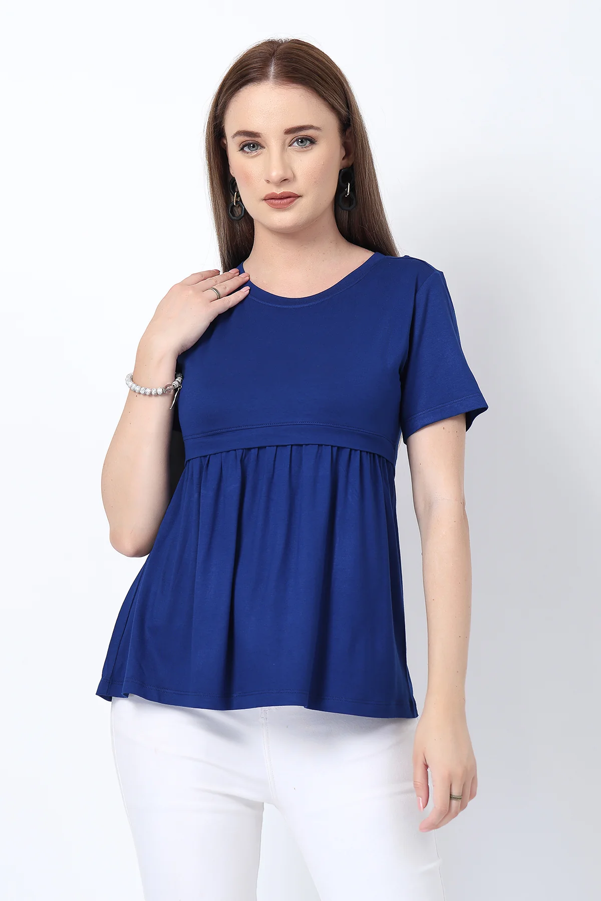 Royal Blue Maternity Zipless Feeding Gathered Top - Image 2