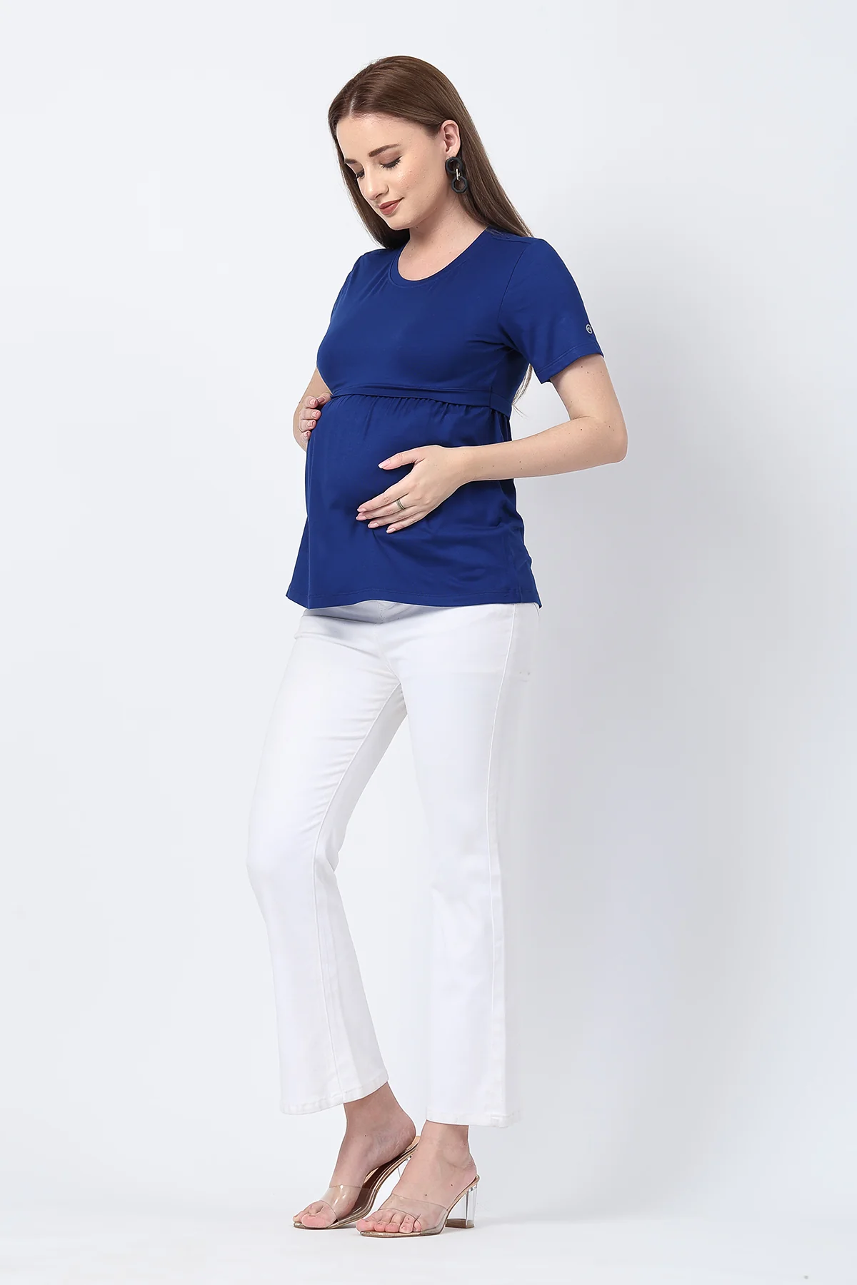 Royal Blue Maternity Zipless Feeding Gathered Top - Image 4