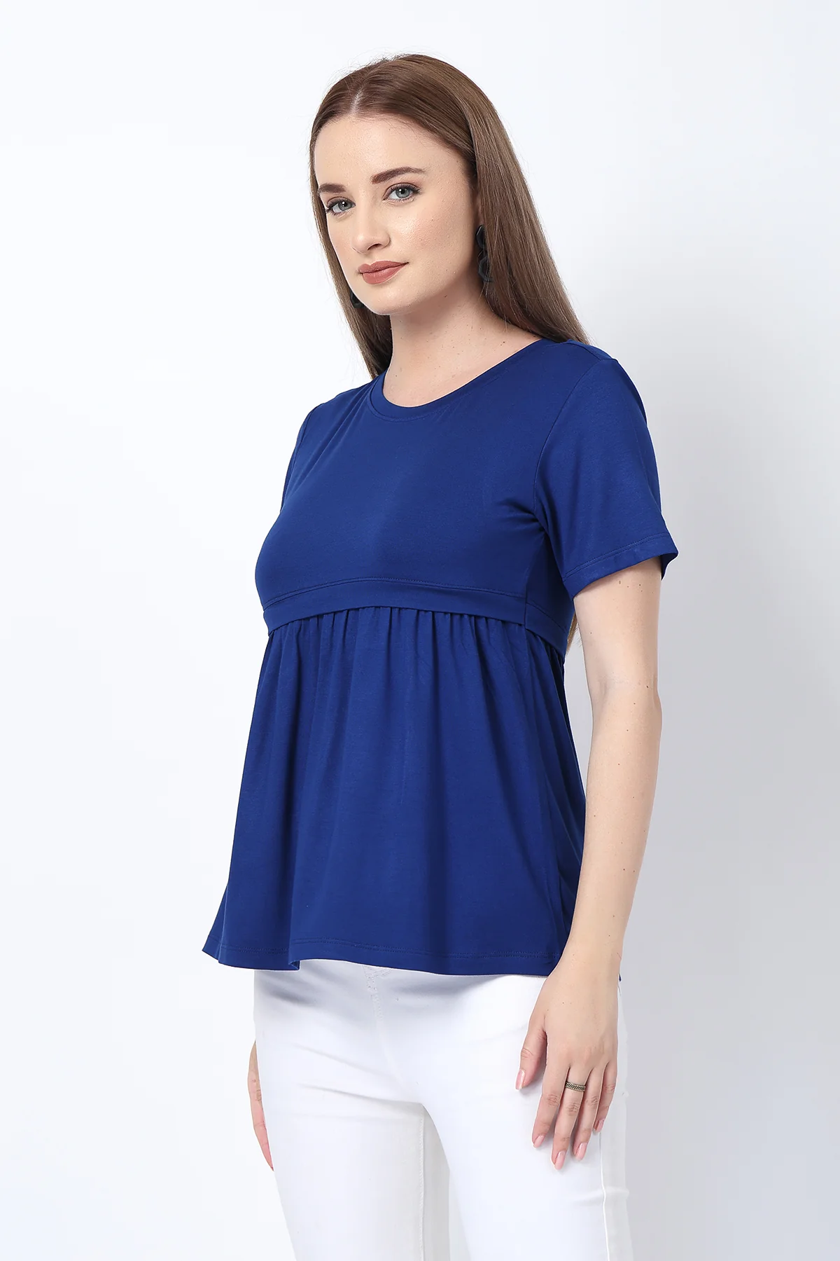 Royal Blue Maternity Zipless Feeding Gathered Top - Image 5