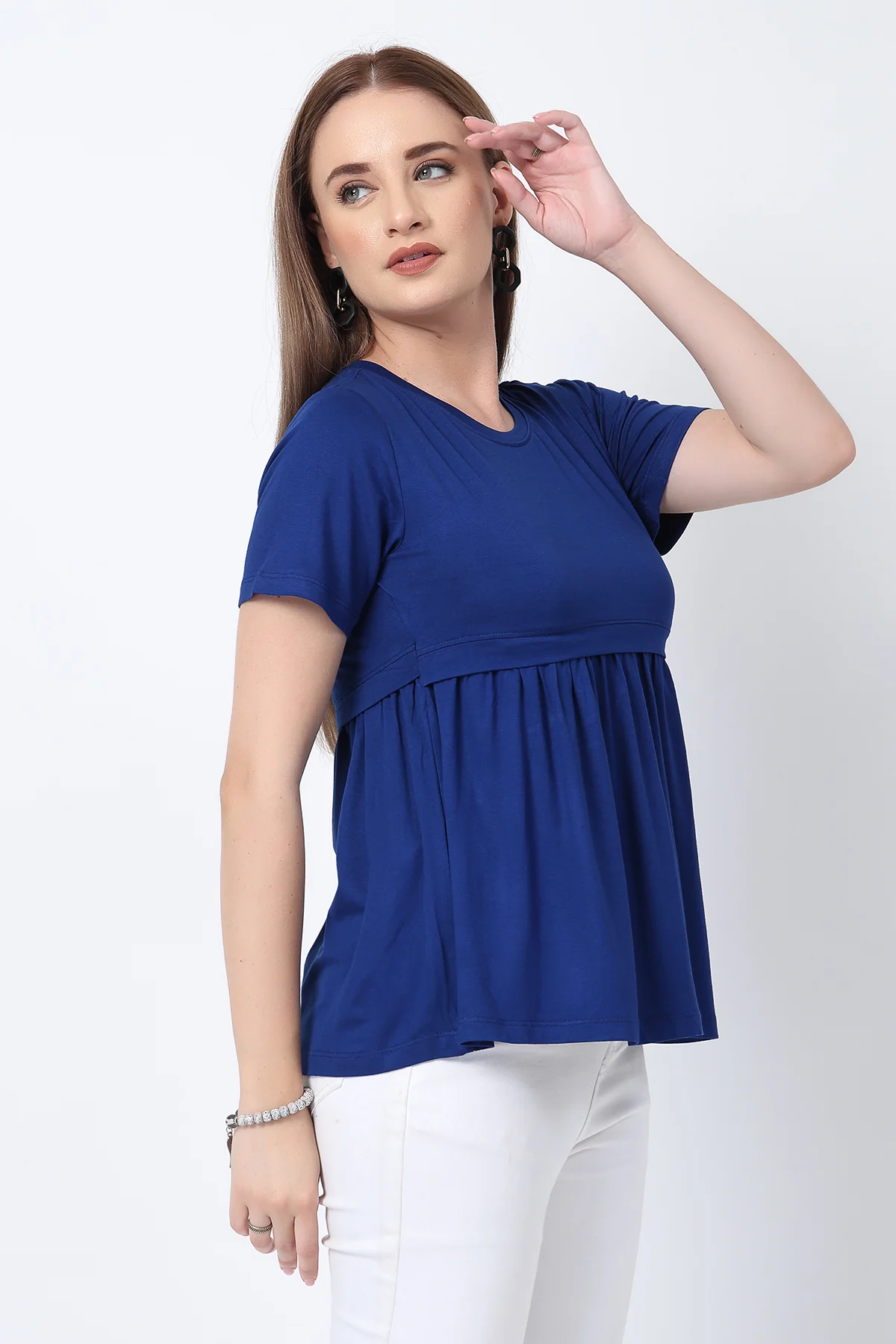 Royal Blue Maternity Zipless Feeding Gathered Top - Image 6