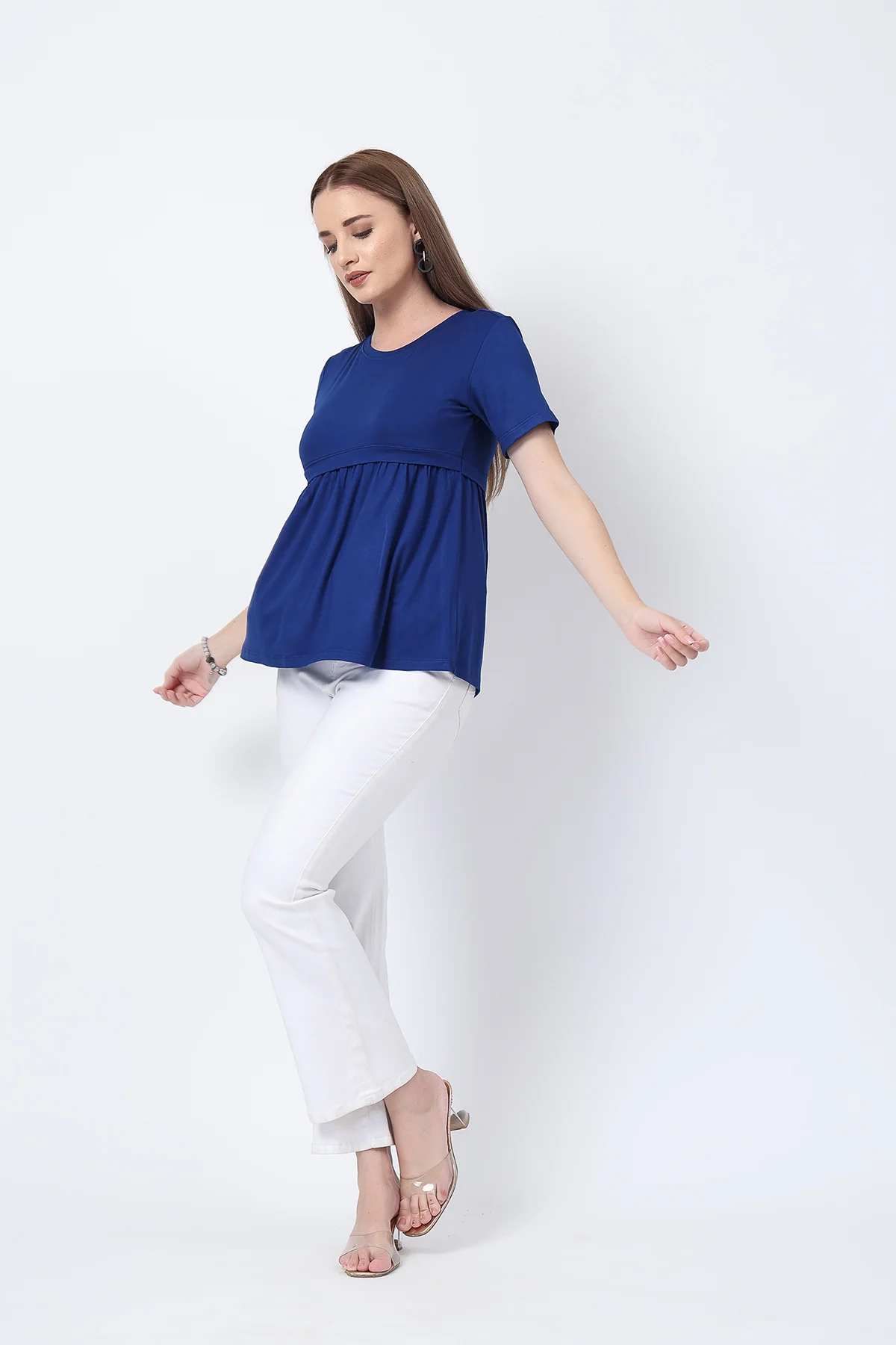 Royal Blue Maternity Zipless Feeding Gathered Top - Image 8