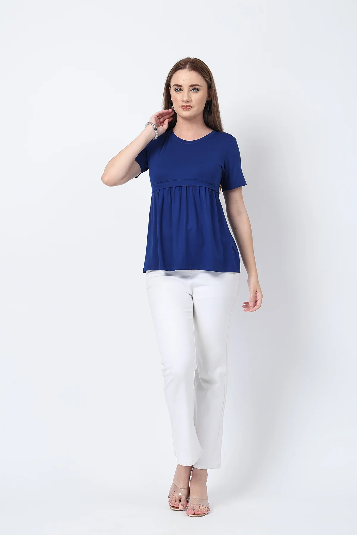Royal Blue Maternity Zipless Feeding Gathered Top - Image 9