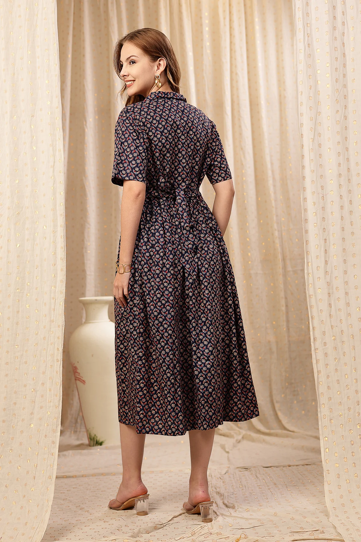 Royal Blue Zipless Maternity Lapel Dress with Pockets - Image 3