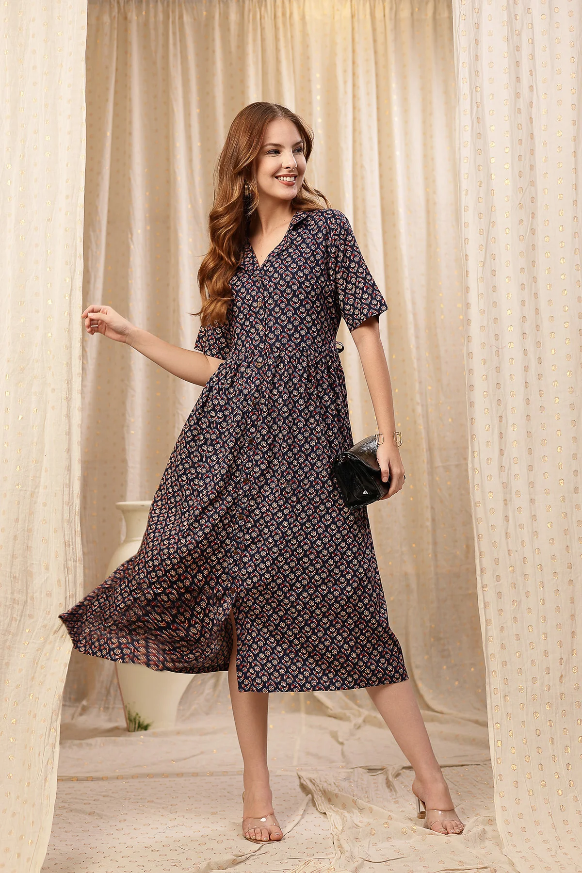 Royal Blue Zipless Maternity Lapel Dress with Pockets - Image 8