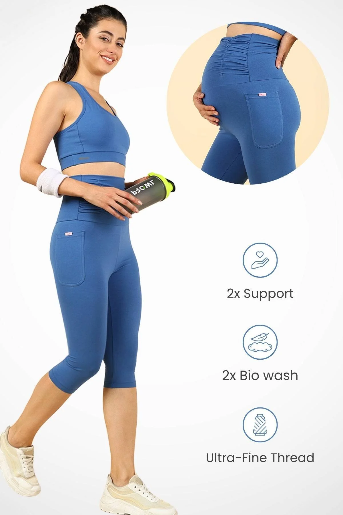 Ruched Cotton Blue Maternity Capri (Pregnancy & Postpartum) - Image 3