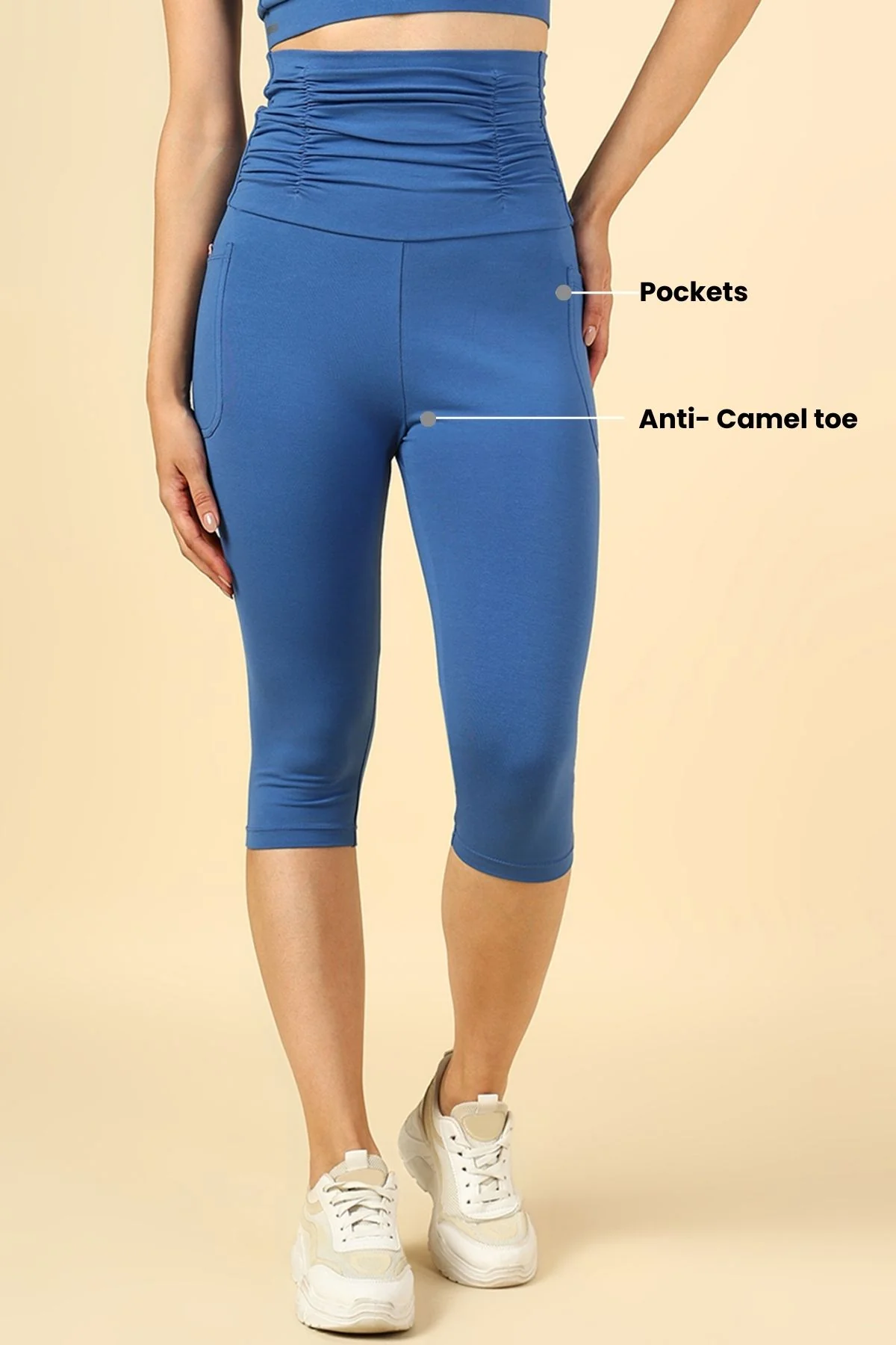 Ruched Cotton Blue Maternity Capri (Pregnancy & Postpartum) - Image 4