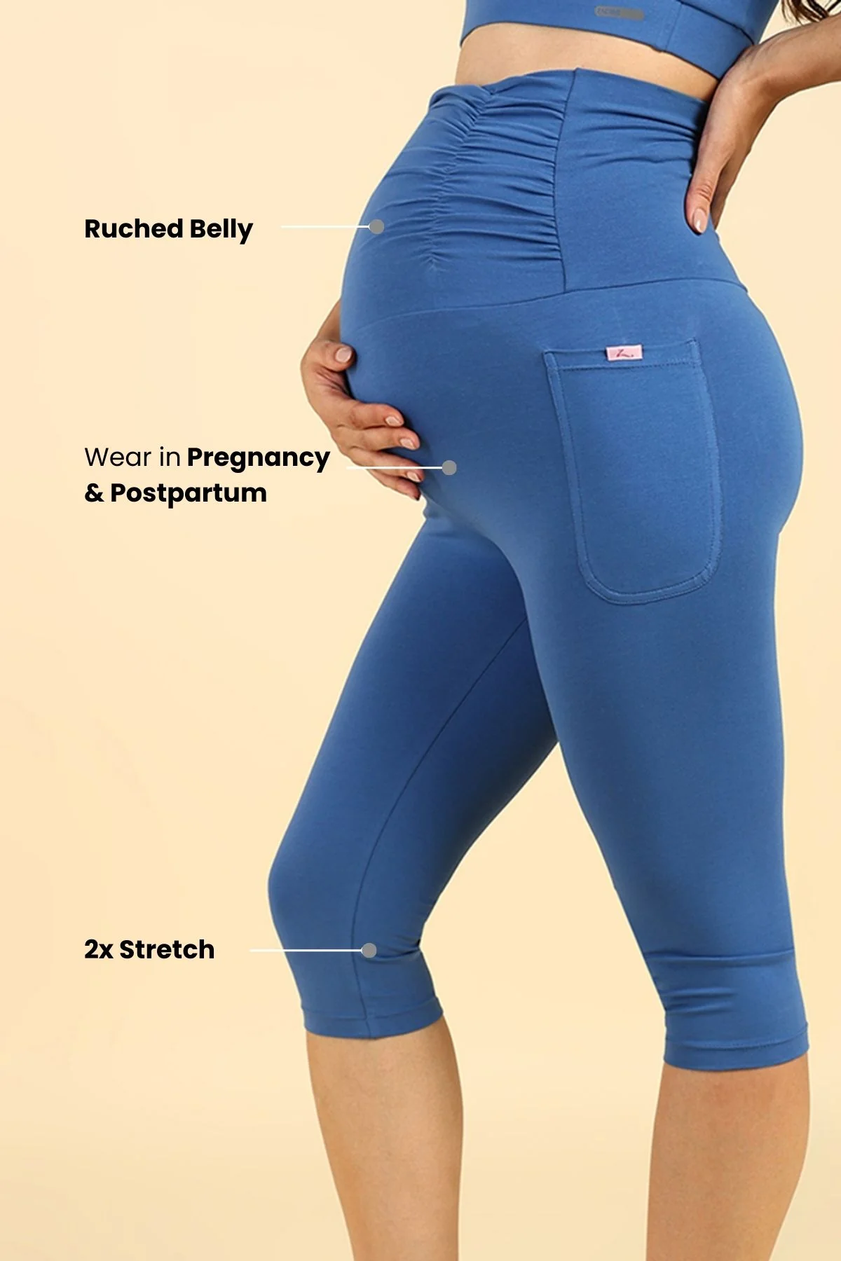 Ruched Cotton Blue Maternity Capri (Pregnancy & Postpartum) - Image 5