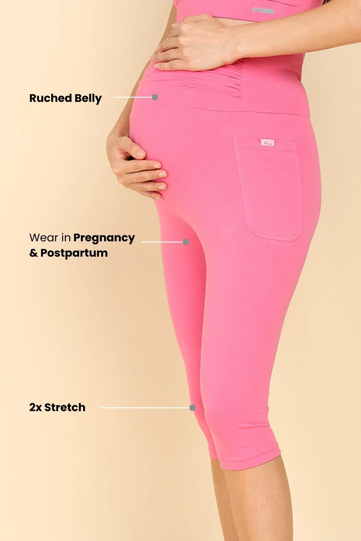 Ruched Cotton Pink Maternity Capri (Pregnancy & Postpartum) - Image 5