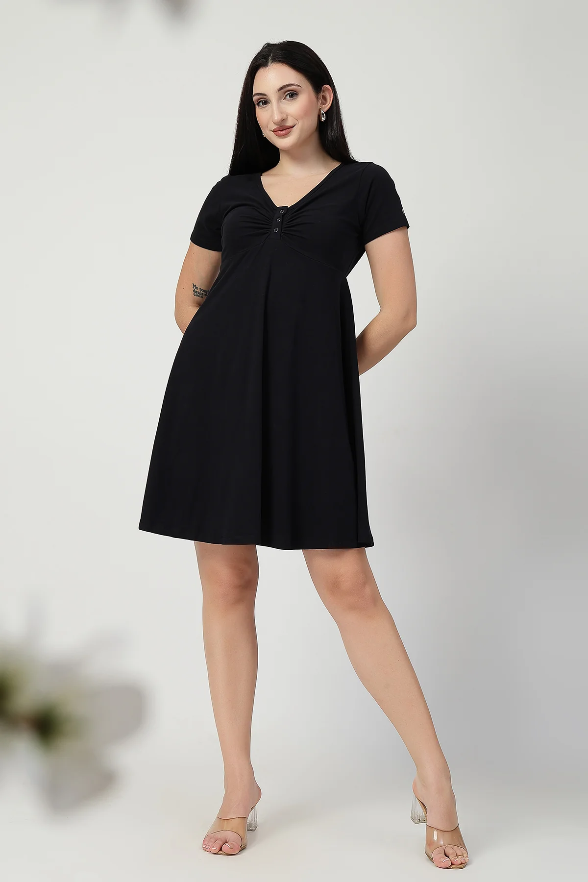 Ruched Cotton Zipless Feeding Dress - Black - Image 10