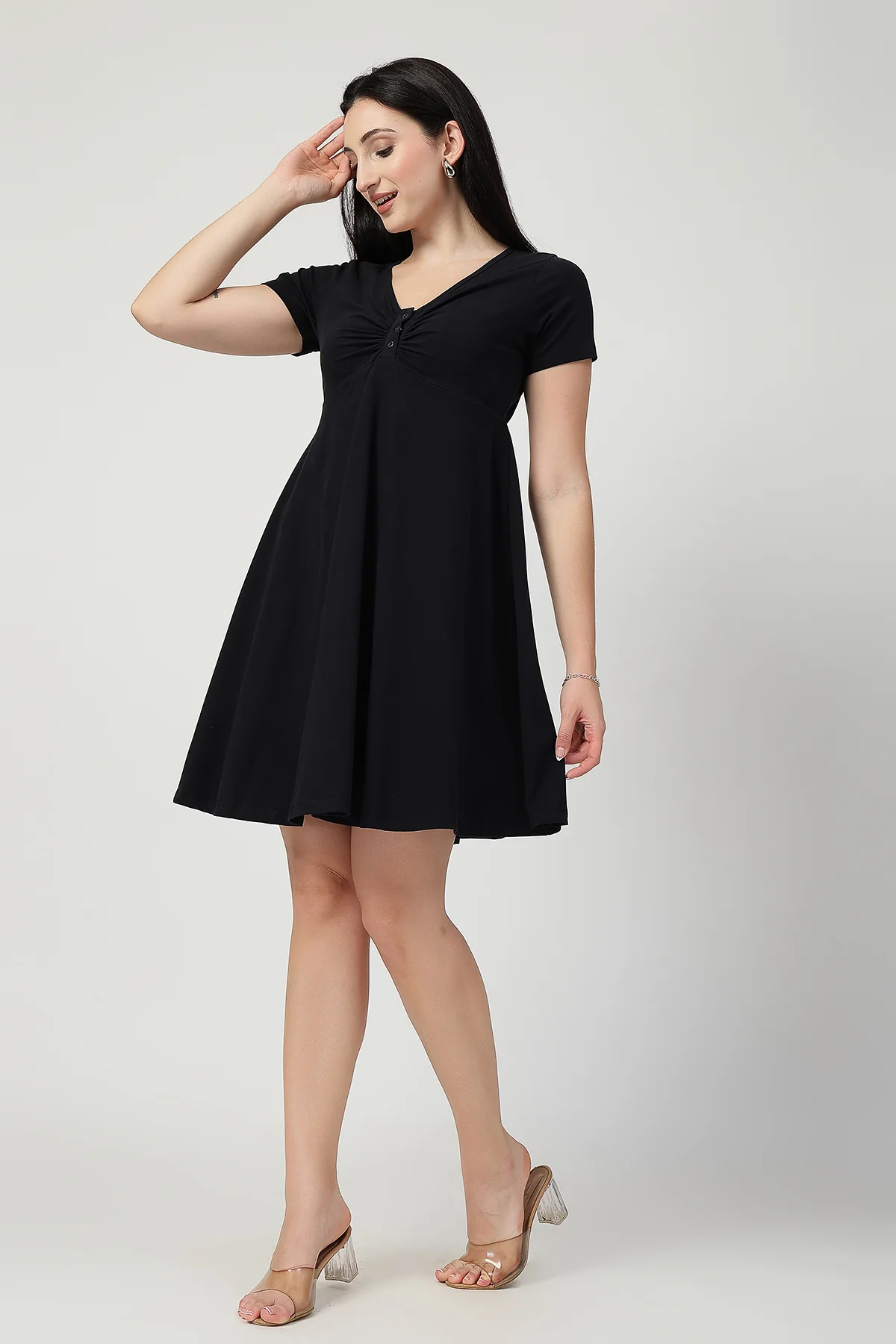 Ruched Cotton Zipless Feeding Dress - Black - Image 11