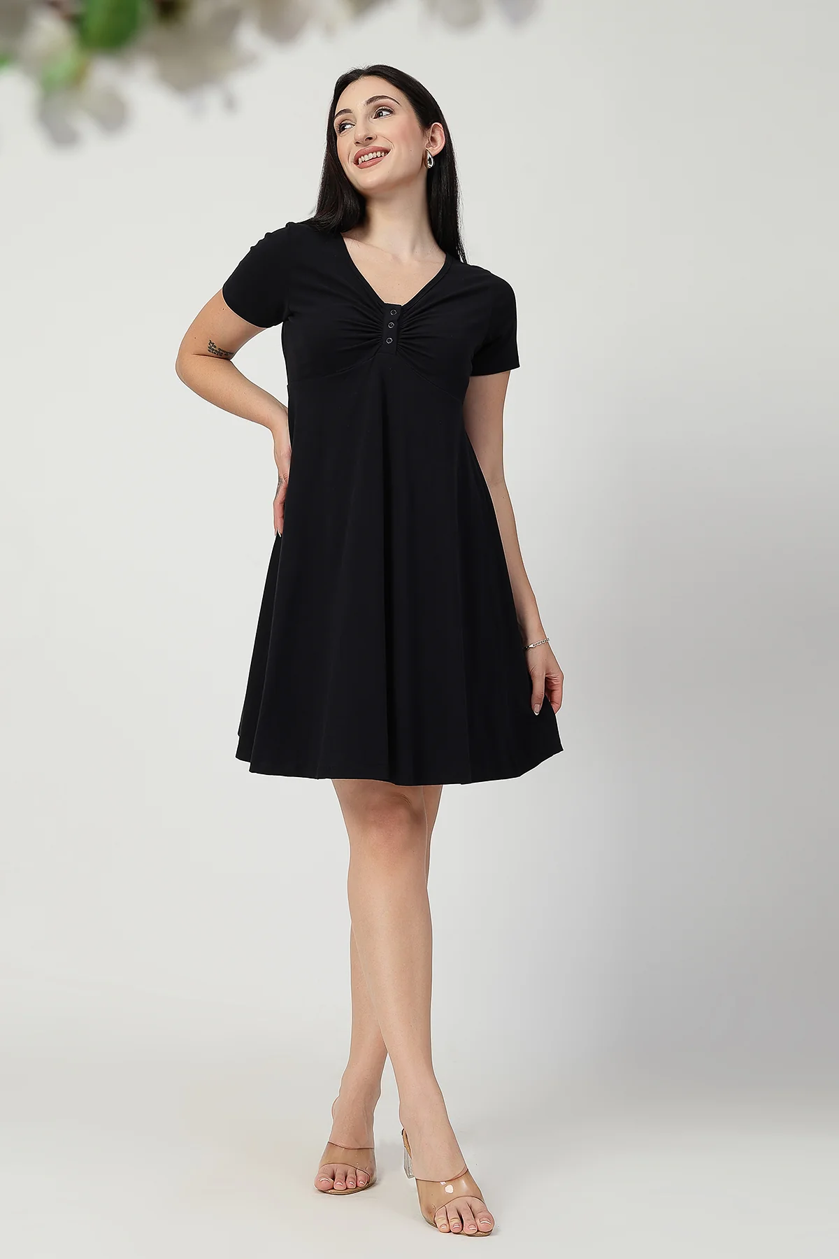 Ruched Cotton Zipless Feeding Dress - Black - Image 4