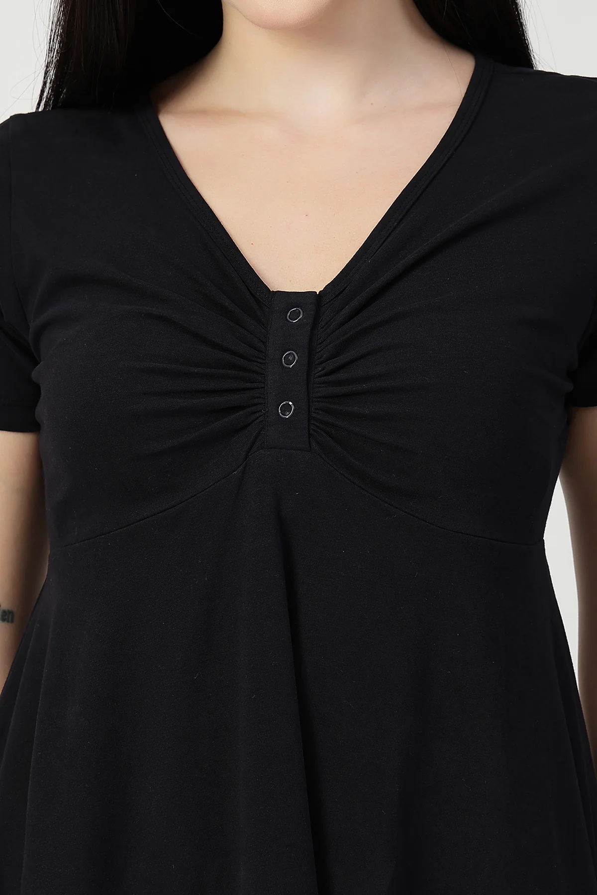 Ruched Cotton Zipless Feeding Dress - Black - Image 5