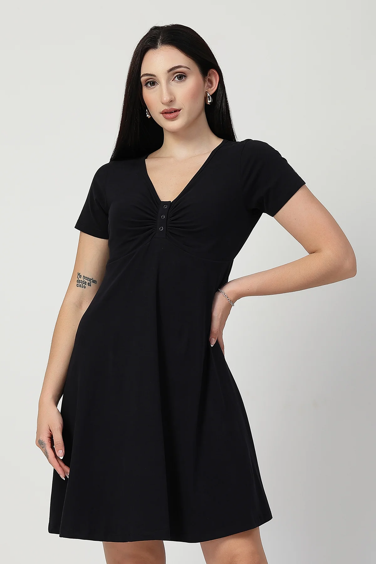 Ruched Cotton Zipless Feeding Dress - Black - Image 6