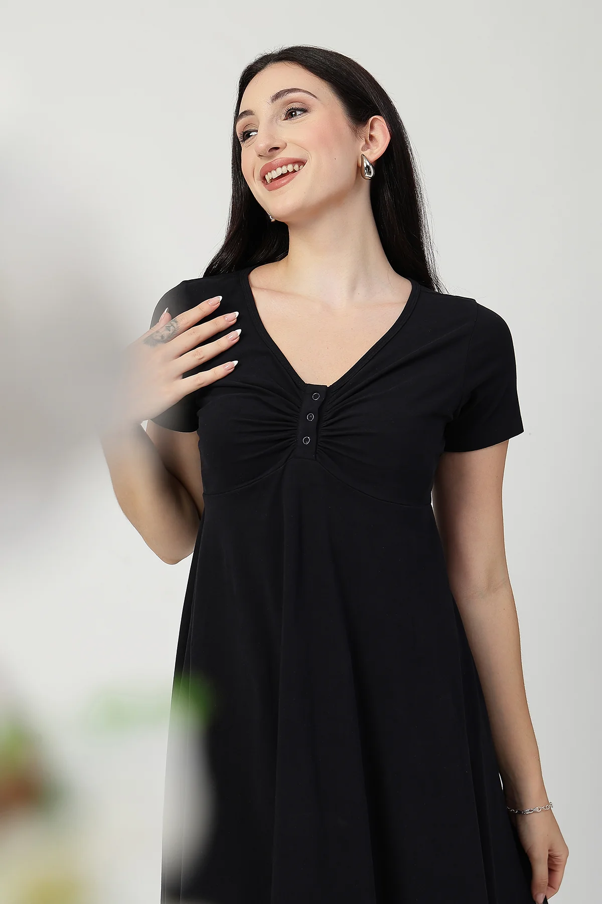 Ruched Cotton Zipless Feeding Dress - Black - Image 7