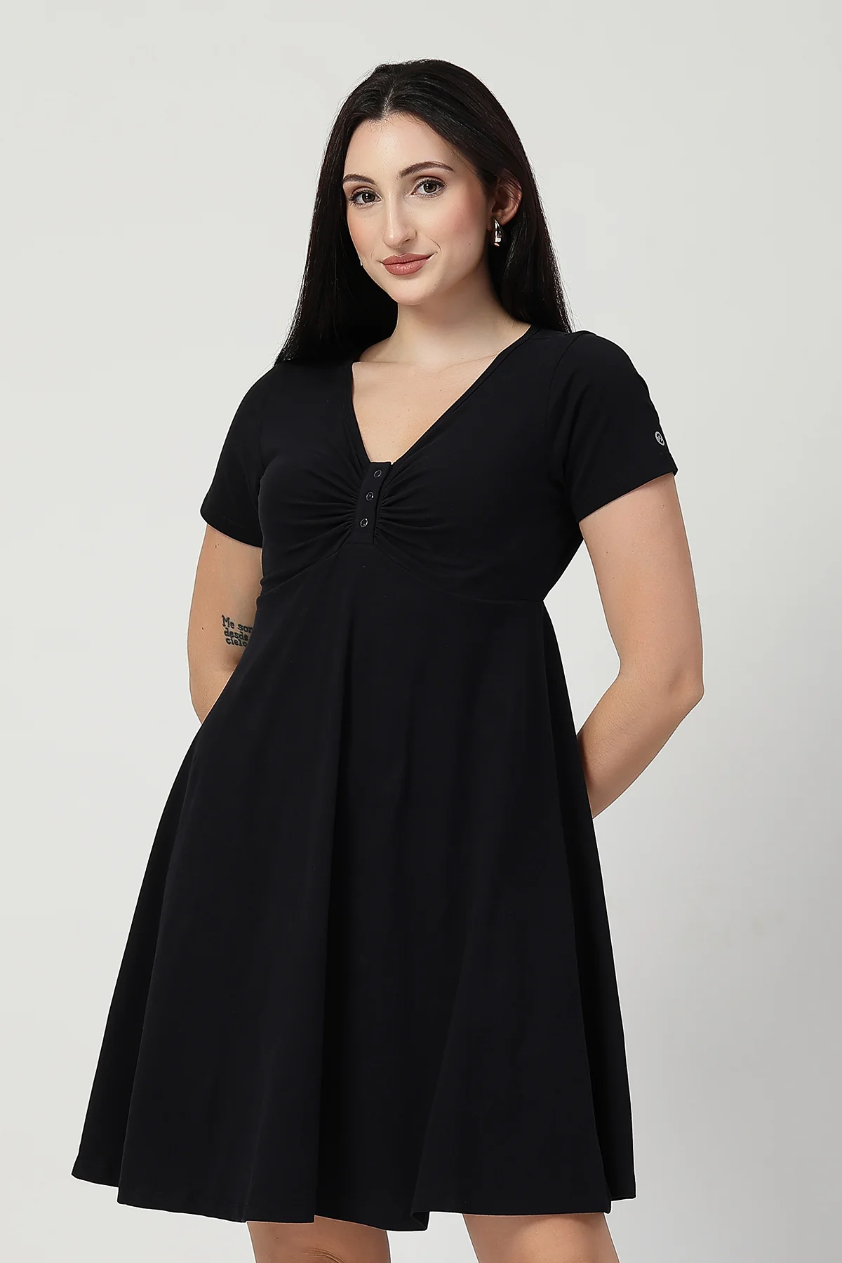 Ruched Cotton Zipless Feeding Dress - Black - Image 8