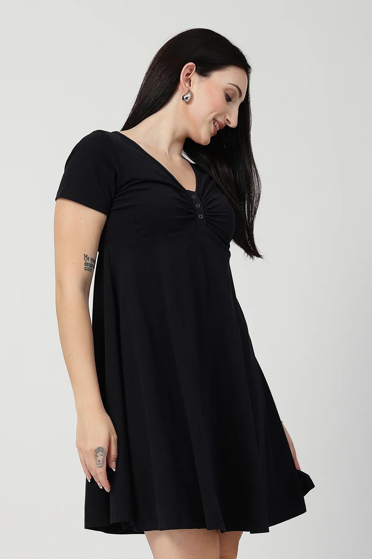 Ruched Cotton Zipless Feeding Dress - Black - Image 9