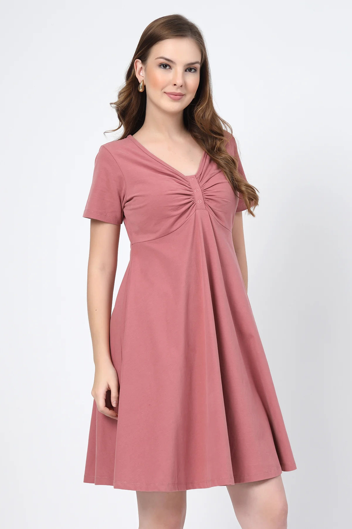 Ruched Cotton Zipless Feeding Dress - Deep Salmon - Image 10