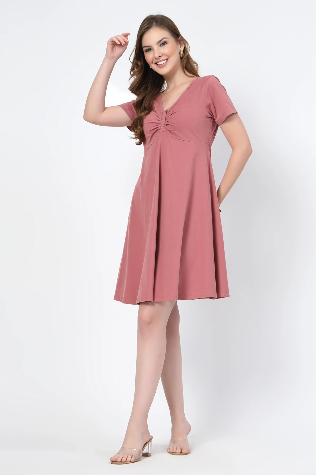 Ruched Cotton Zipless Feeding Dress - Deep Salmon - Image 11