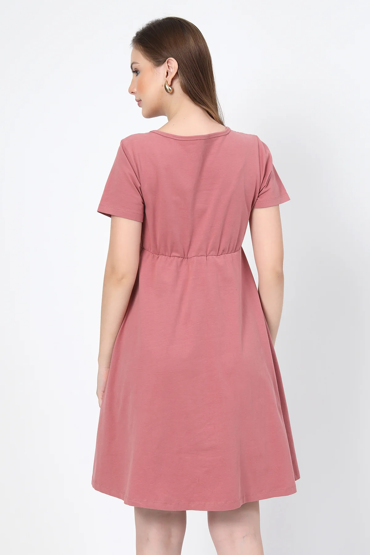 Ruched Cotton Zipless Feeding Dress - Deep Salmon - Image 3