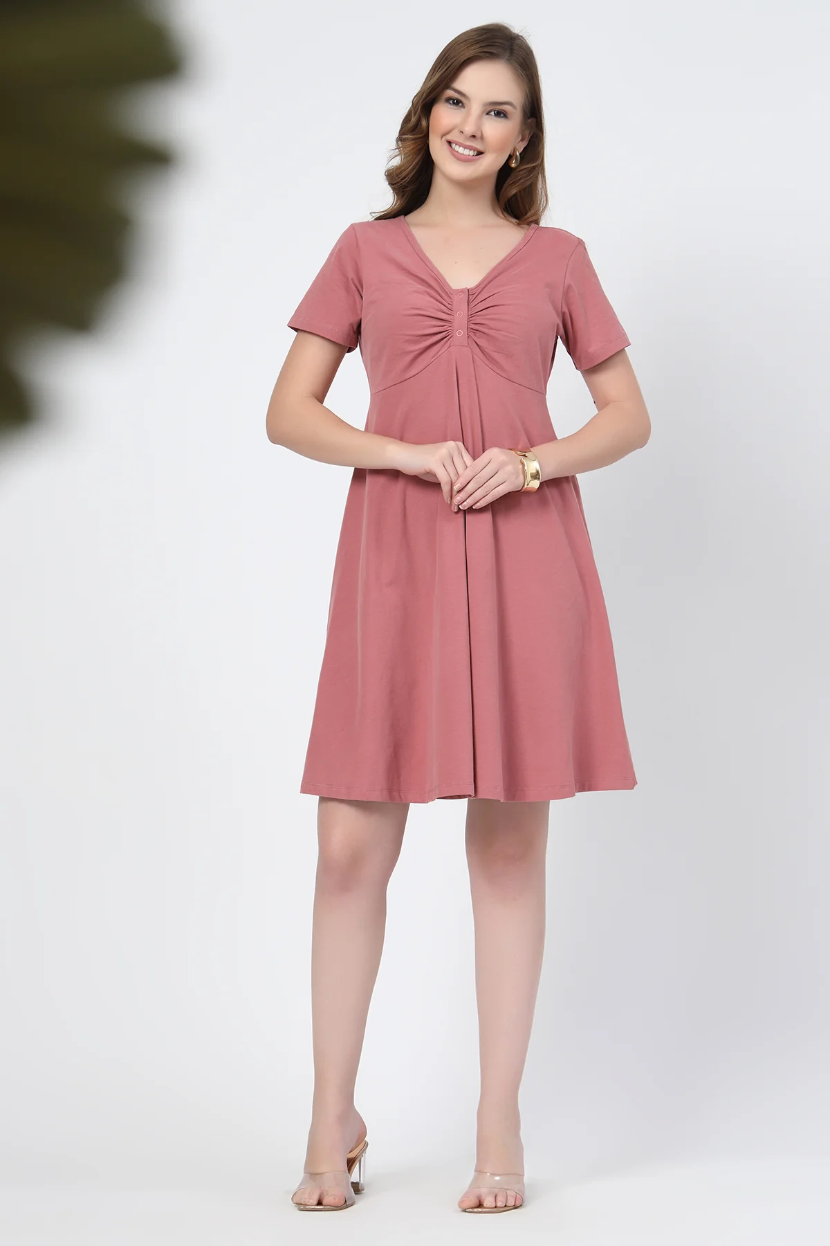 Ruched Cotton Zipless Feeding Dress - Deep Salmon - Image 4