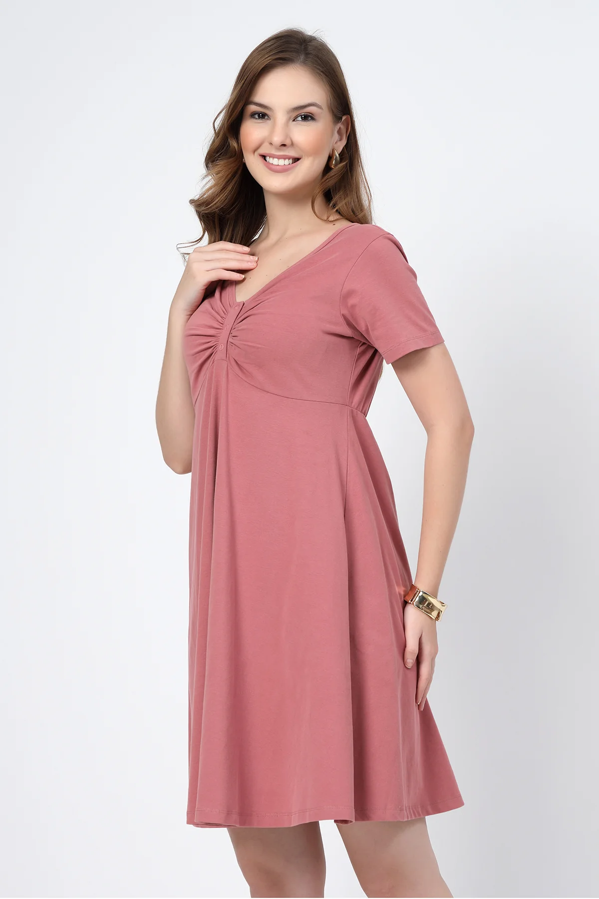 Ruched Cotton Zipless Feeding Dress - Deep Salmon - Image 6