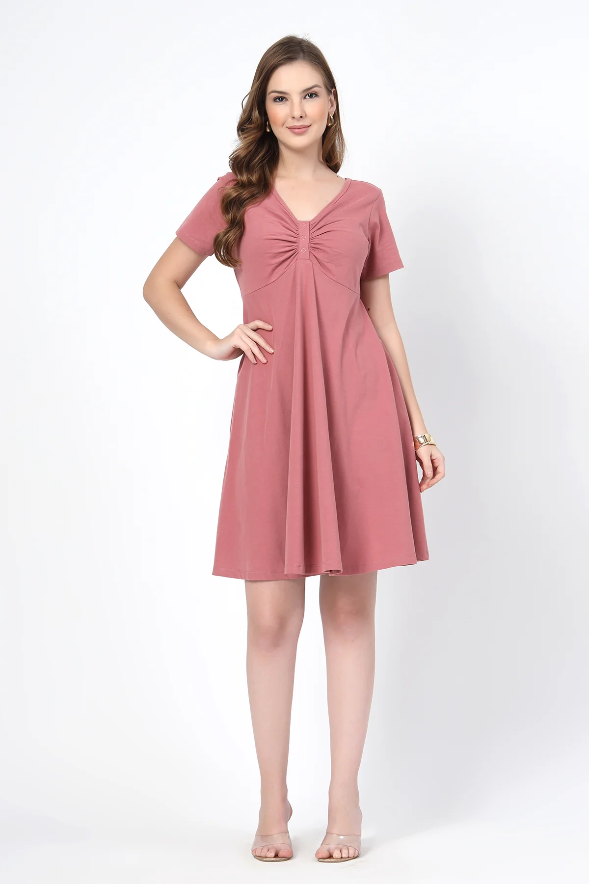 Ruched Cotton Zipless Feeding Dress - Deep Salmon - Image 8