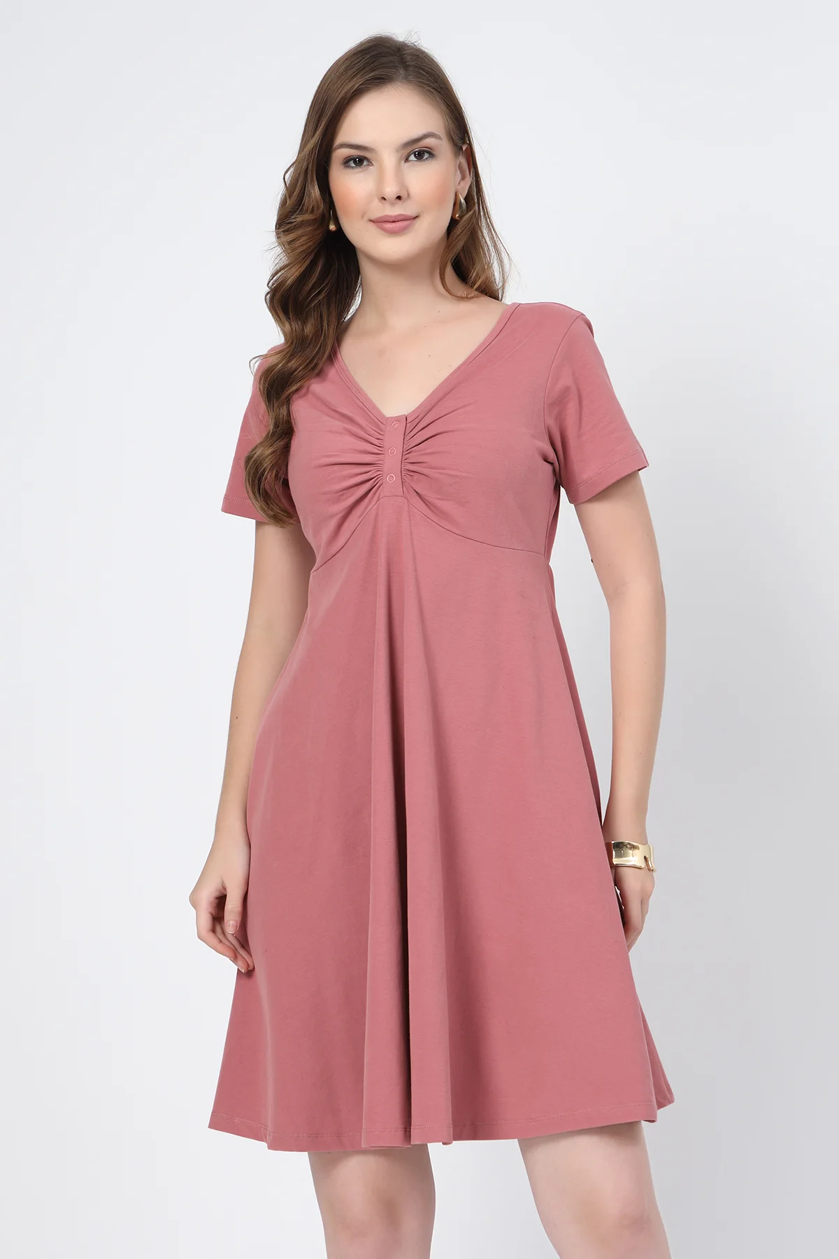Ruched Cotton Zipless Feeding Dress - Deep Salmon - Image 9