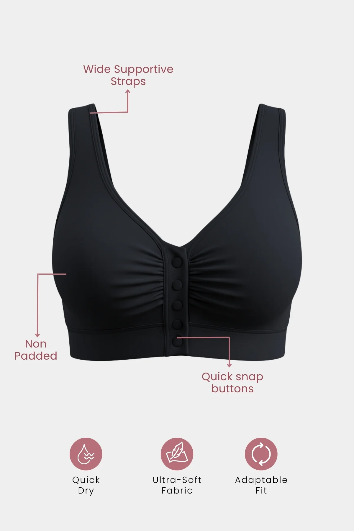 Ruched Modal Front-Open Bra - Black - Image 2