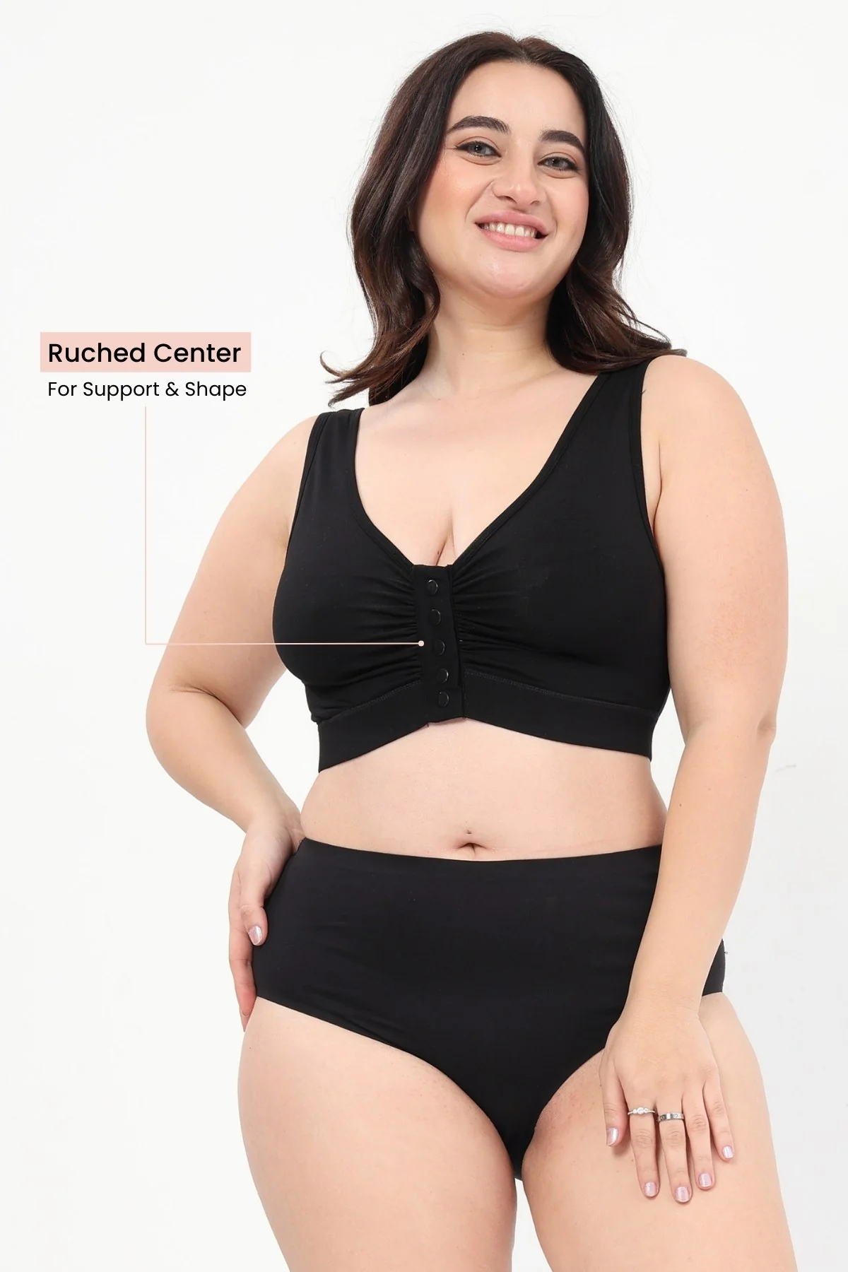 Ruched Modal Front-Open Bra - Black - Image 5