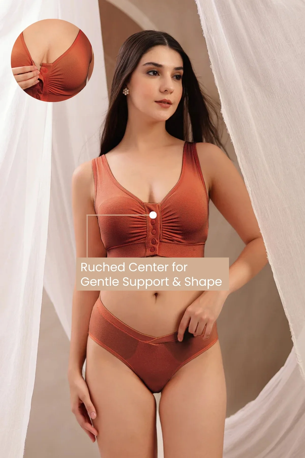 Ruched Modal Front-Open Bra - Rust - Image 12